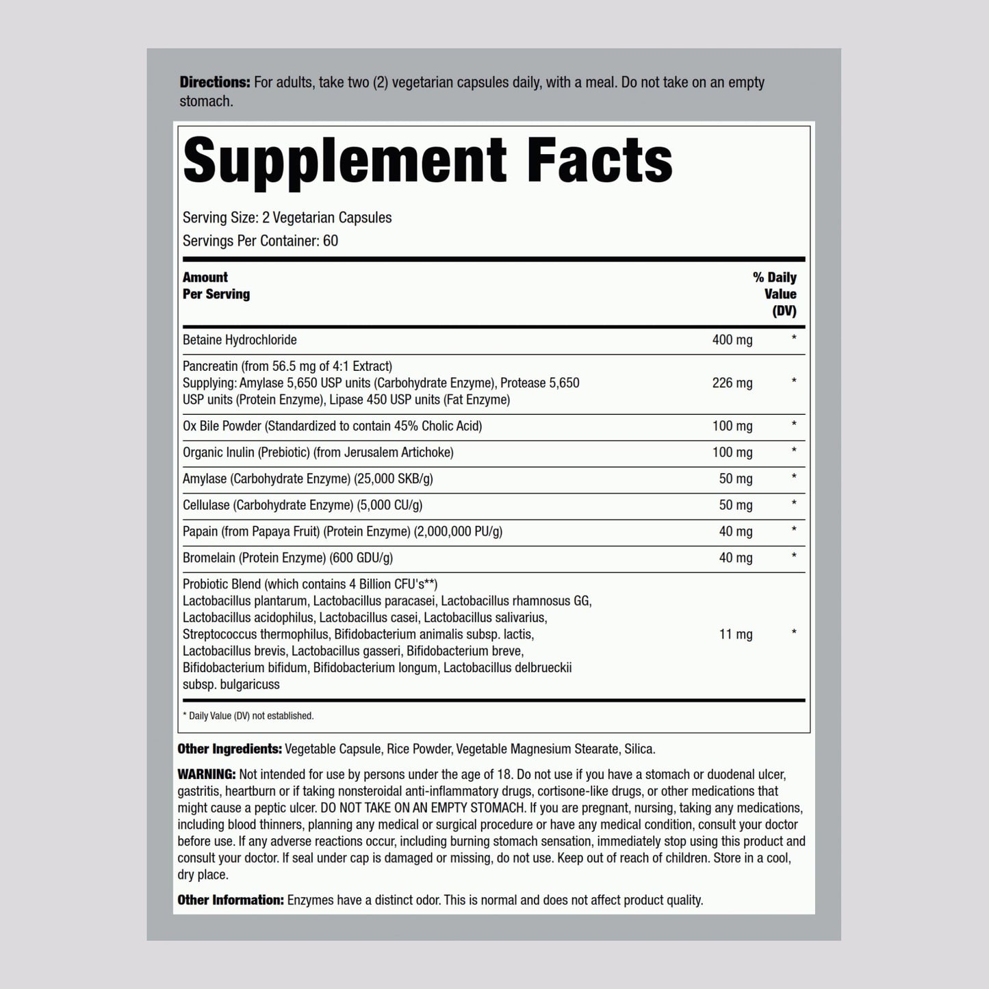 Lindberg Complete Digestant Multi-Enzyme Formula with Pancreatin and Betain Hydrochloride Capsules, 120 Capsules