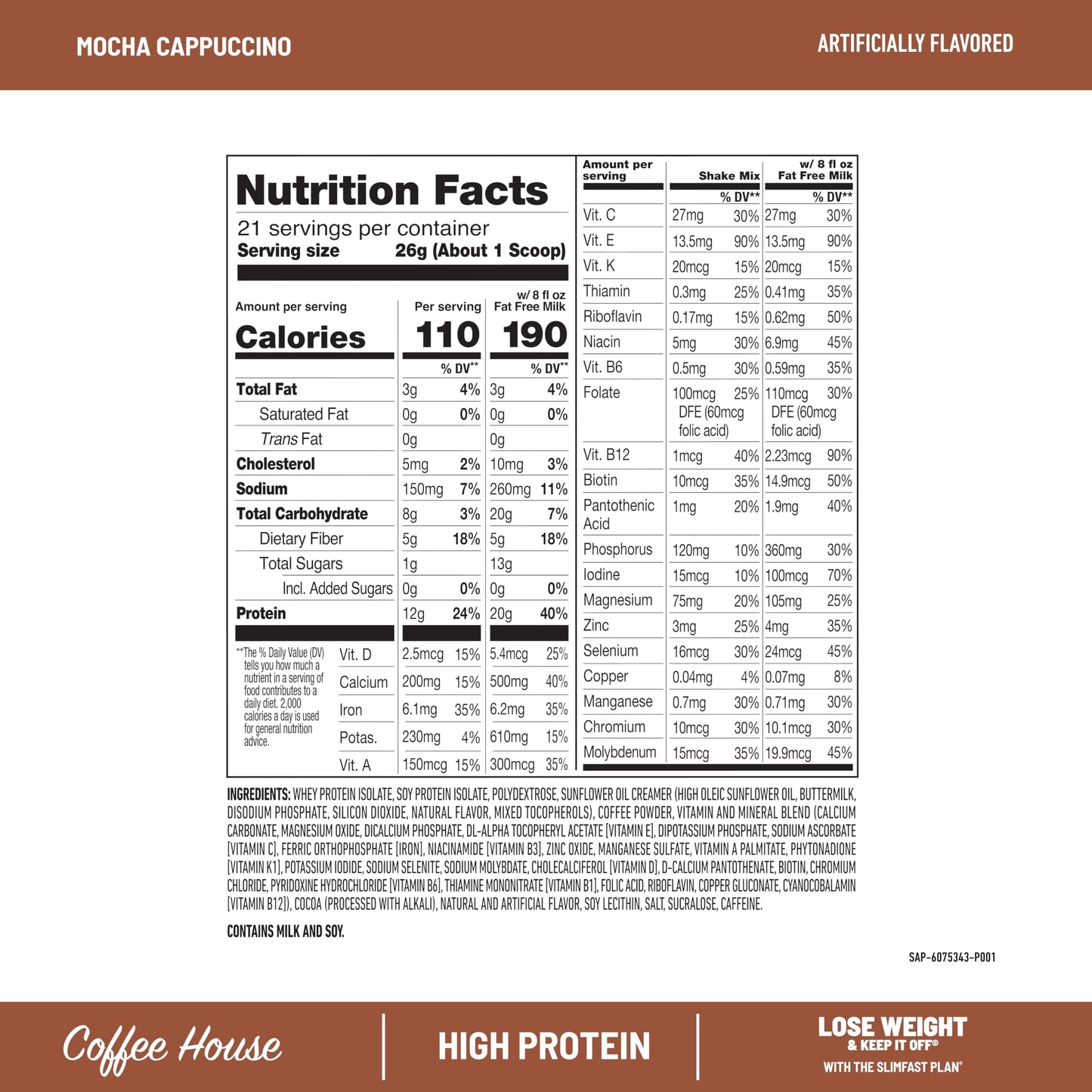 SlimFast High Protein Meal Replacement Powder Mocha Cappuccino, 19.25 Ounce