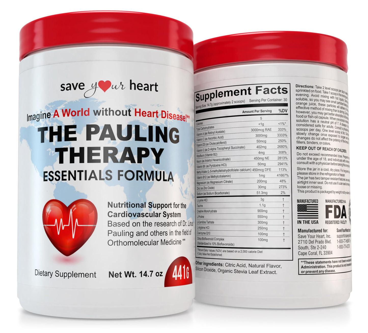 SAVE YOUR HEART Cardio Heart Health Powder Supplement - The Pauling Therapy Essentials Formula (PTEF) Healthy Vitamin C, B-12, L-Lysine, L-Arginine, Magnesium, Zinc + Vitamins, Minerals & Antioxidants, 500