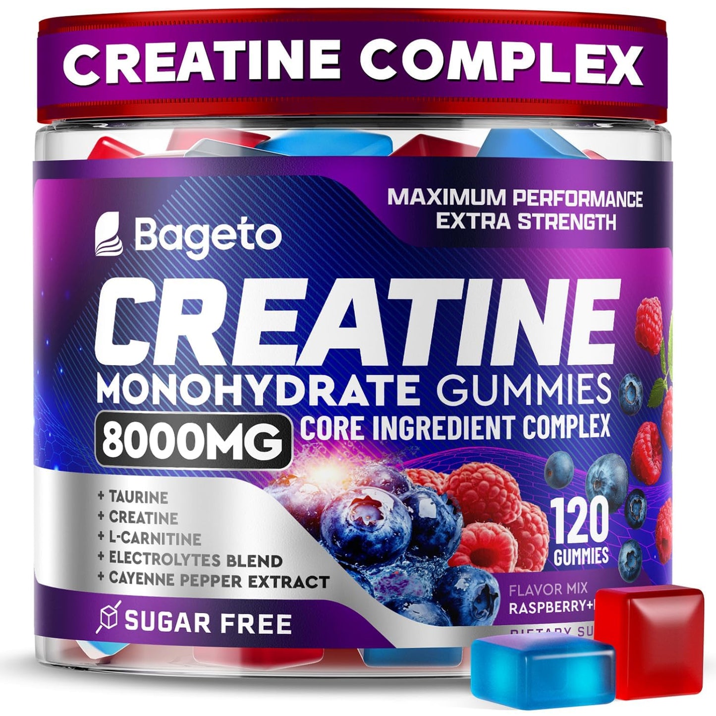 Bageto Creatine Gummies Complex + L-Carnitine + Taurine + Electrolytes, 120 Count