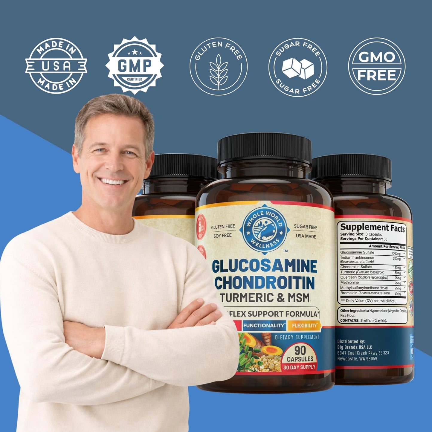 WHOLE WORLD WELLNESS Joint Support Supplement with Glucosamine Chondroitin MSM Turmeric Boswelia Capsules, 90 Count