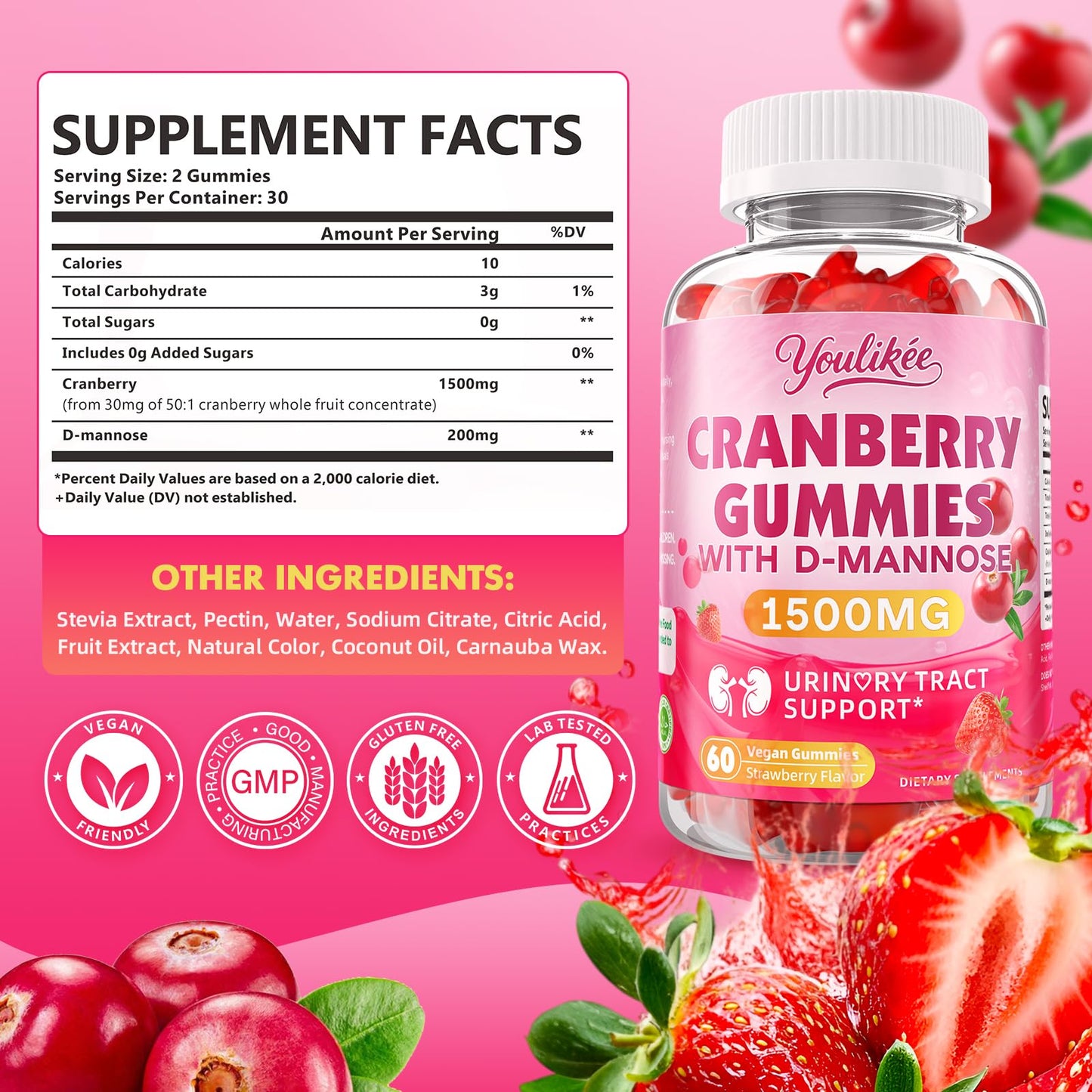 Youlikee Vegan Cranberry Gummies with D Mannose, 60 Count