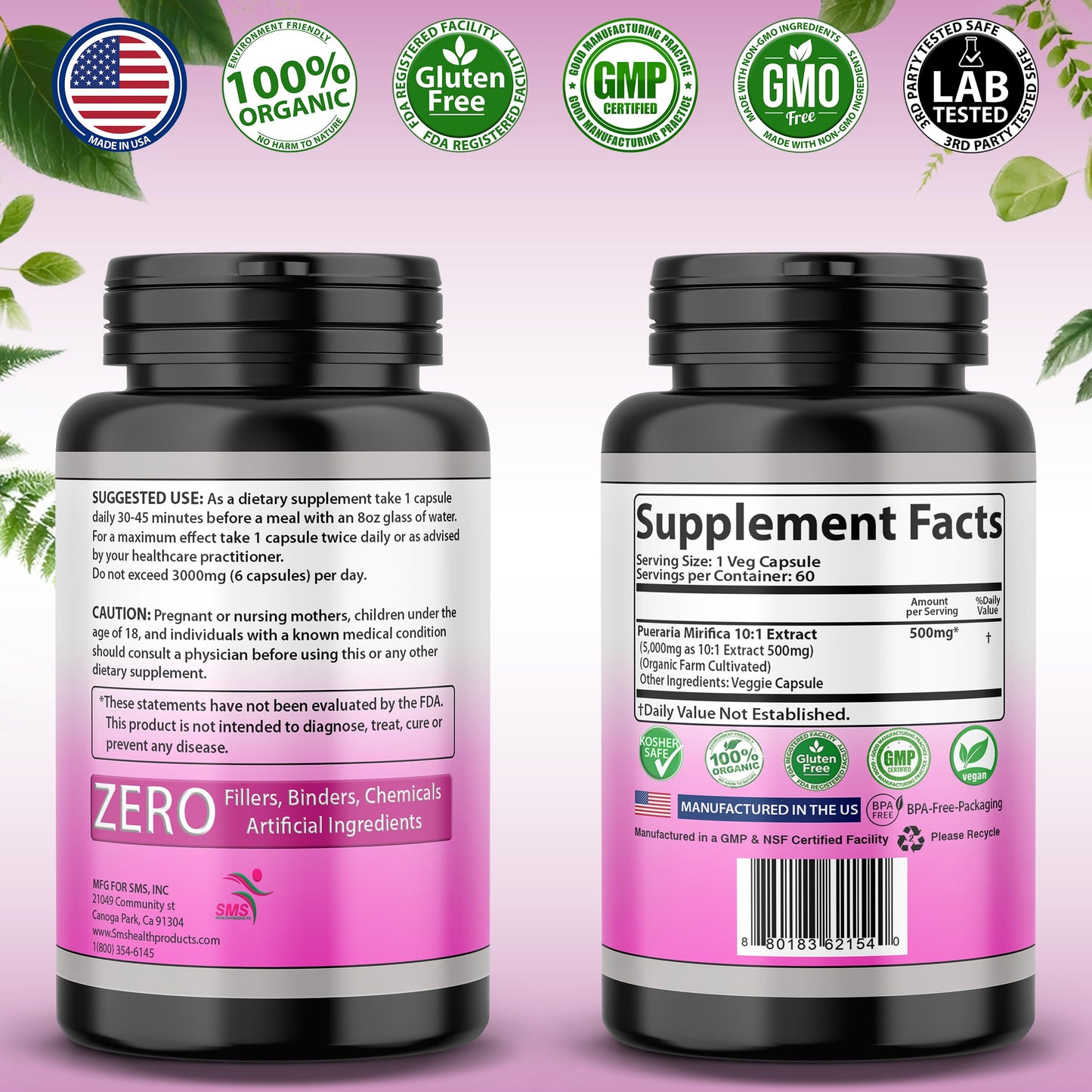 SMSHEALTHPRODUCTS.com Pueraria Mirifica Supplement 500mg Root Extract Capsule, 60 Count