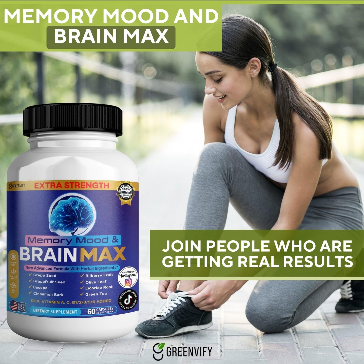 GREENVIFY Memory, Mood & Brain Max Extra Strength Supplement with Herbal Ingredients Capsules, 60
