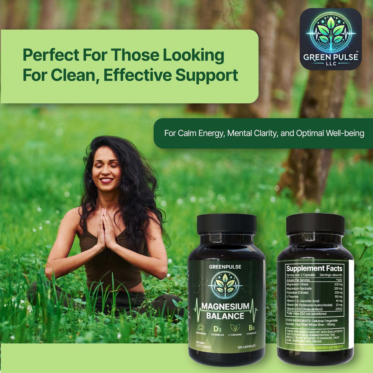 GREENPULSE Magnesium Balance – Magnesium Glycinate & Citrate with L-Theanine, Vitamin C, B6 & D3 – Calm & Relaxation Support – 120 Capsules