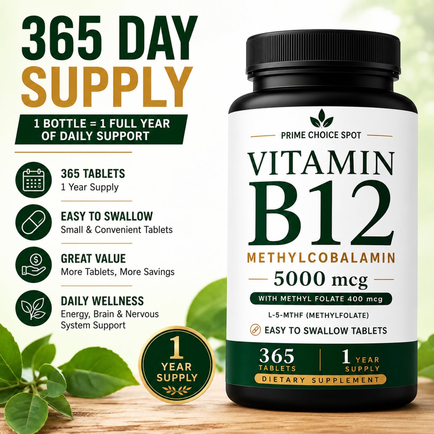 Prime Choice Spot LLC Vitamin B12 5000mcg with Methyl Folate, Methylcobalamin, 365 Tablets