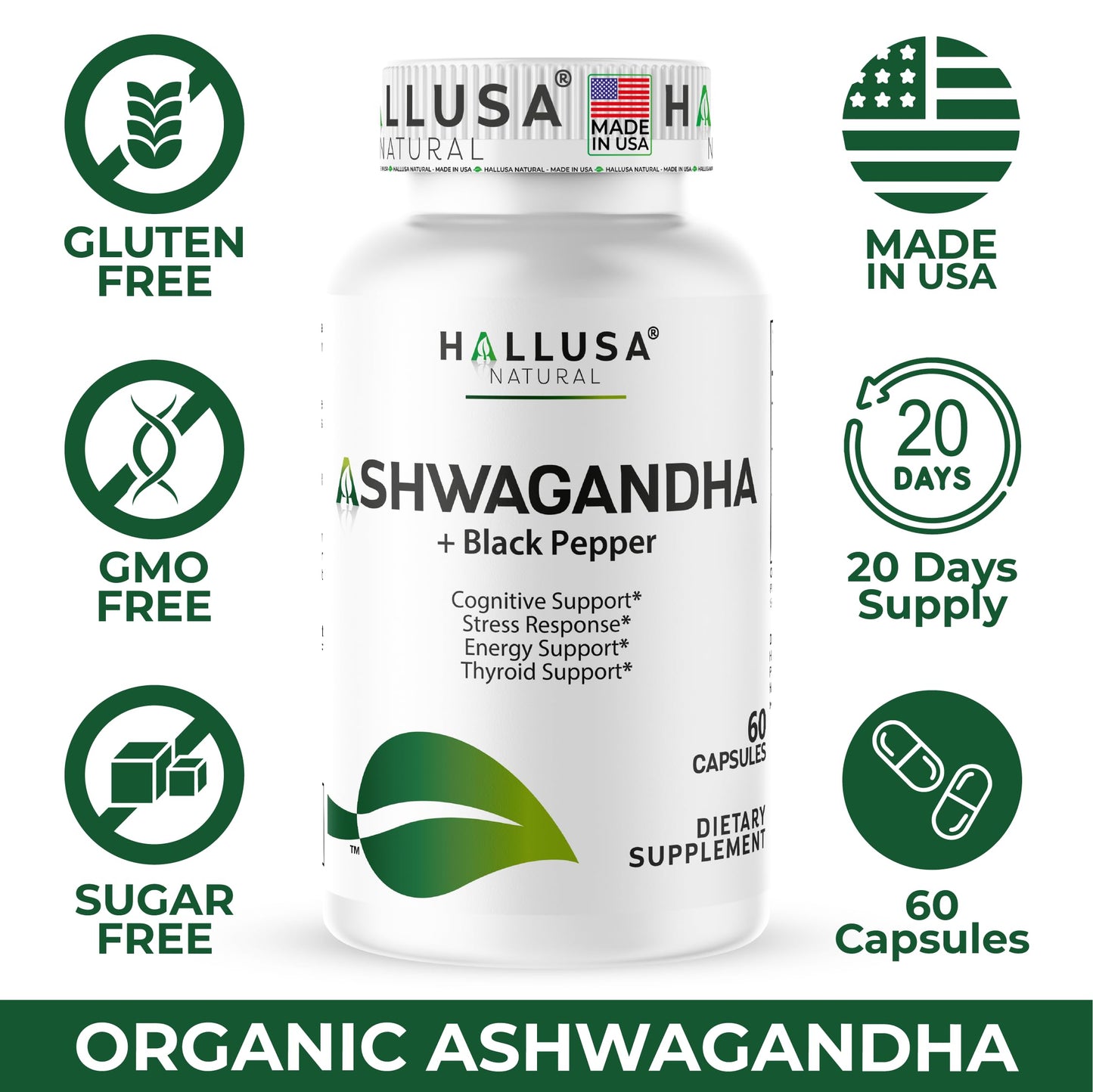 Hallusa Natural Organic Ashwagandha with Black Pepper 1050 mg, 60 Capsules