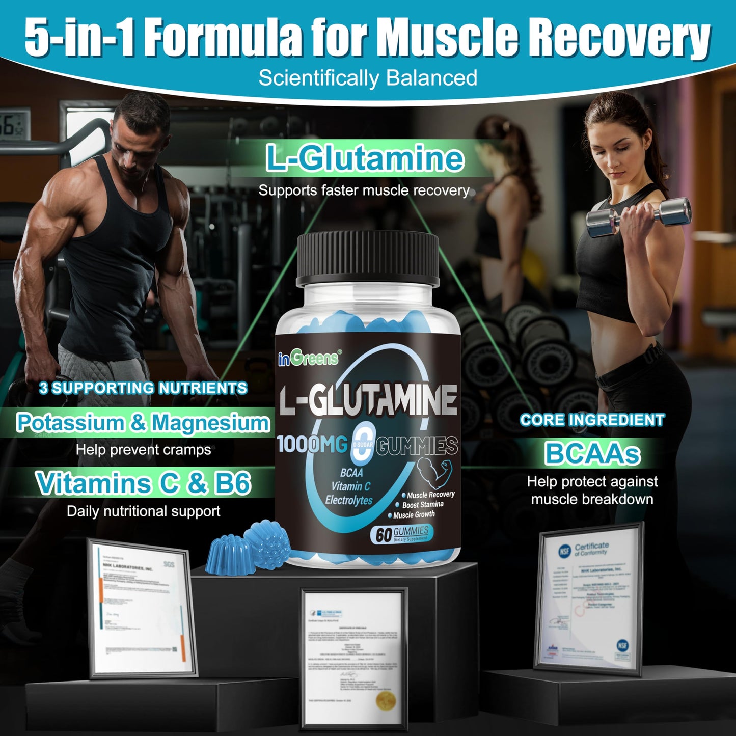 inGreens L-Glutamine Gummies 1000mg with BCAA, Potassium, Magnesium & Vitamin C, 60 Gummies