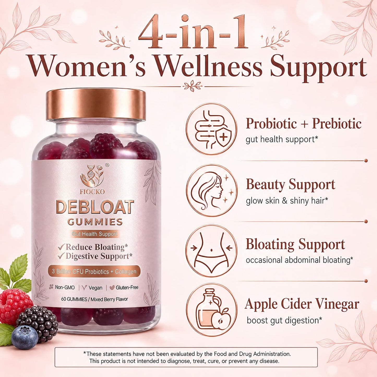 fiocko Probiotics for Women Gummies Debloat with Prebiotic Fiber Supplement & Apple Cider Vinegar for Gut Health, Vitamin C & Biotin for Skin & Hair Support, Mixed Berry 60 Gummies