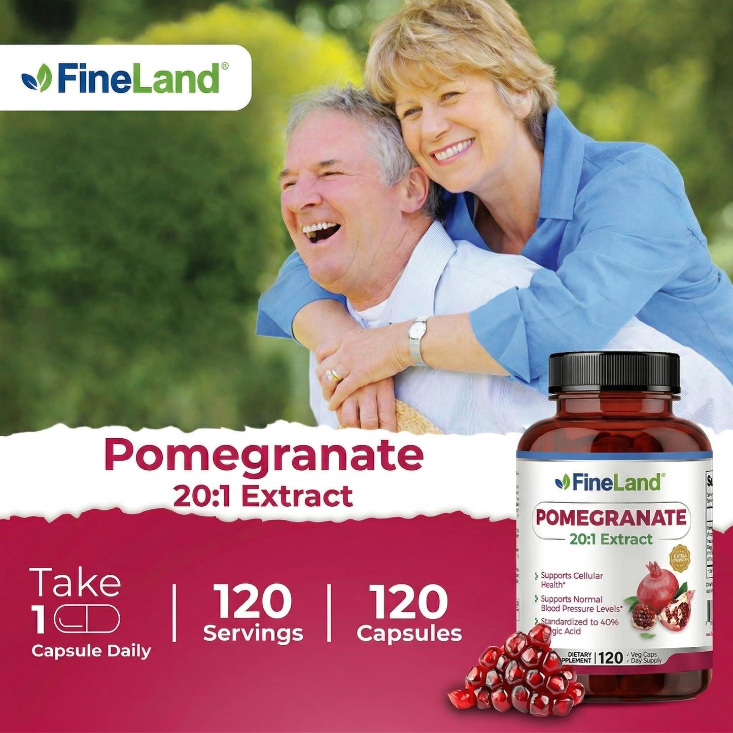 FineLand Pomegranate Extract 20:1, 40% Ellagic Acid Standardized Antioxidant Supplement Capsules, 120 Count