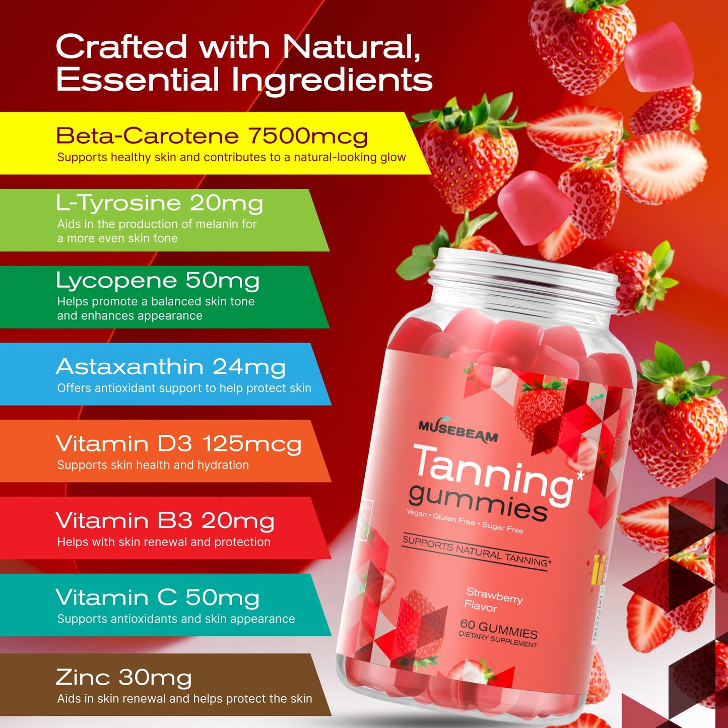 Musebeam Tanning Gummies for Women - Self-Tan Chews, Sunless Tan Skin Health Glow Up, Sugar Free, Vegan, Beta Carotene, Astaxanthin & Lycopene, 60 Gummies