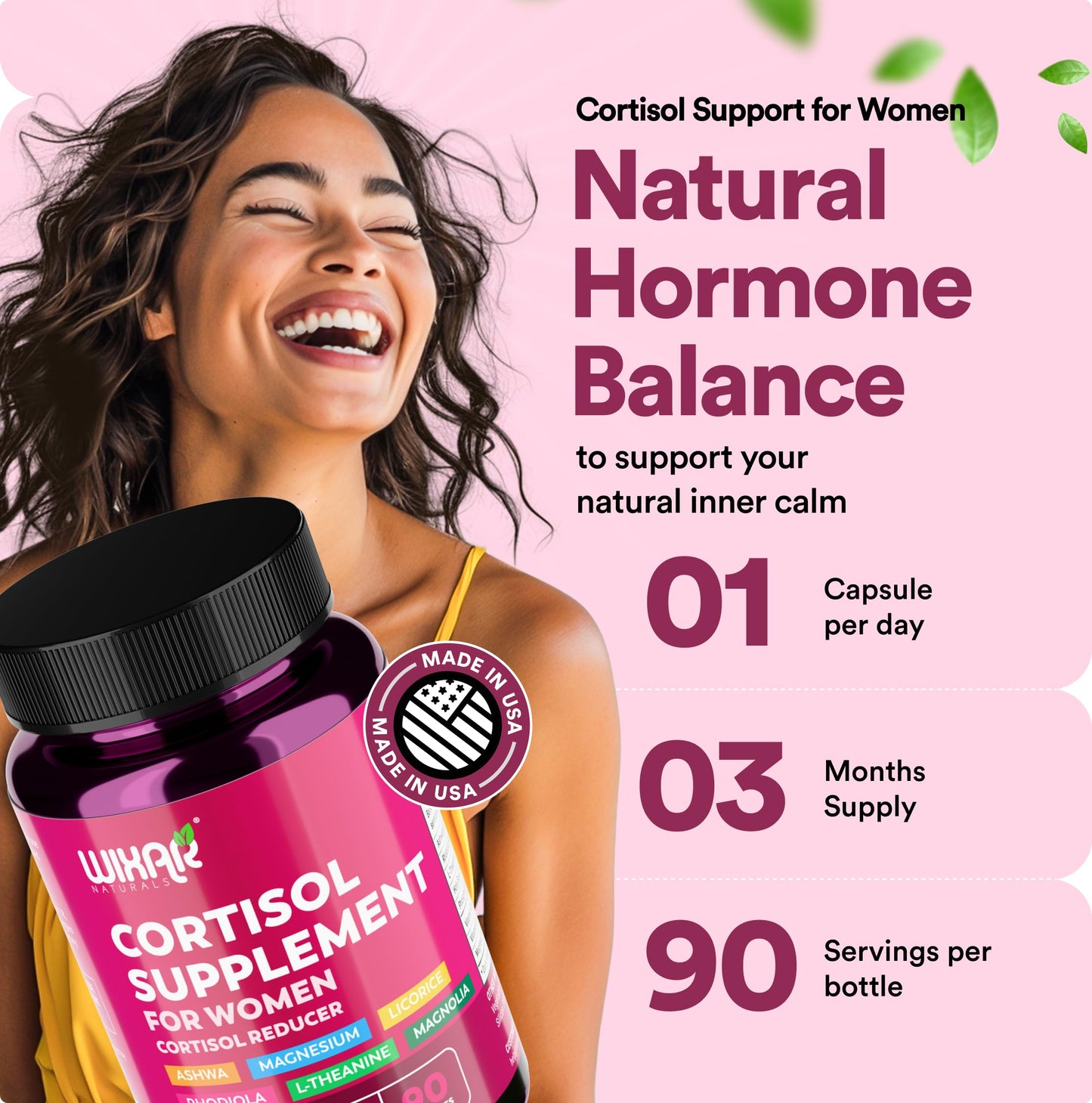 WIXAR NATURALS Cortisol Support Supplement with Ashwagandha, Magnesium, L-Theanine, Rhodiola Rosea Capsules 90