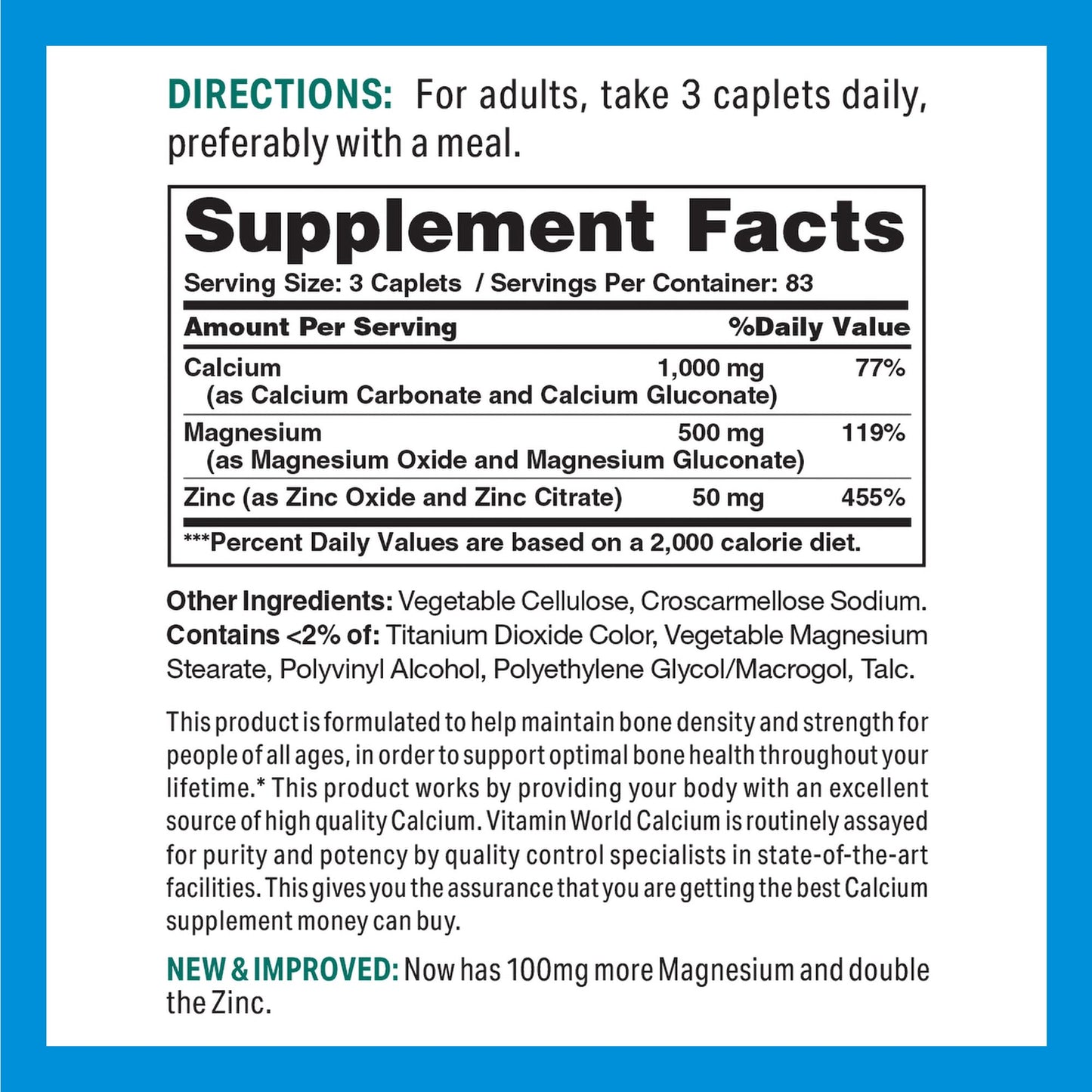 Vitamin World Calcium, Magnesium & Zinc Caplets, 1 Count