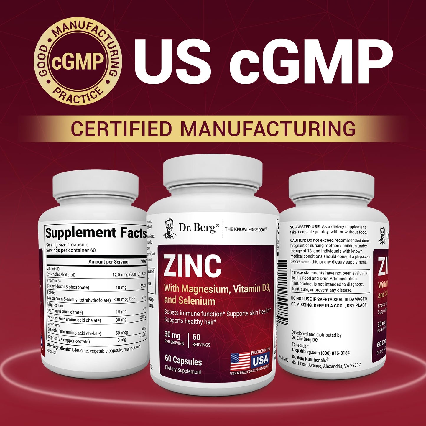 Dr. Berg Nutritionals Zinc 30mg Enhanced with Magnesium, Vitamin D3, Selenium, & Copper - Chelated Zinc for Immune, Skin, Hair, & Nails Support, Capsules, 60 Count