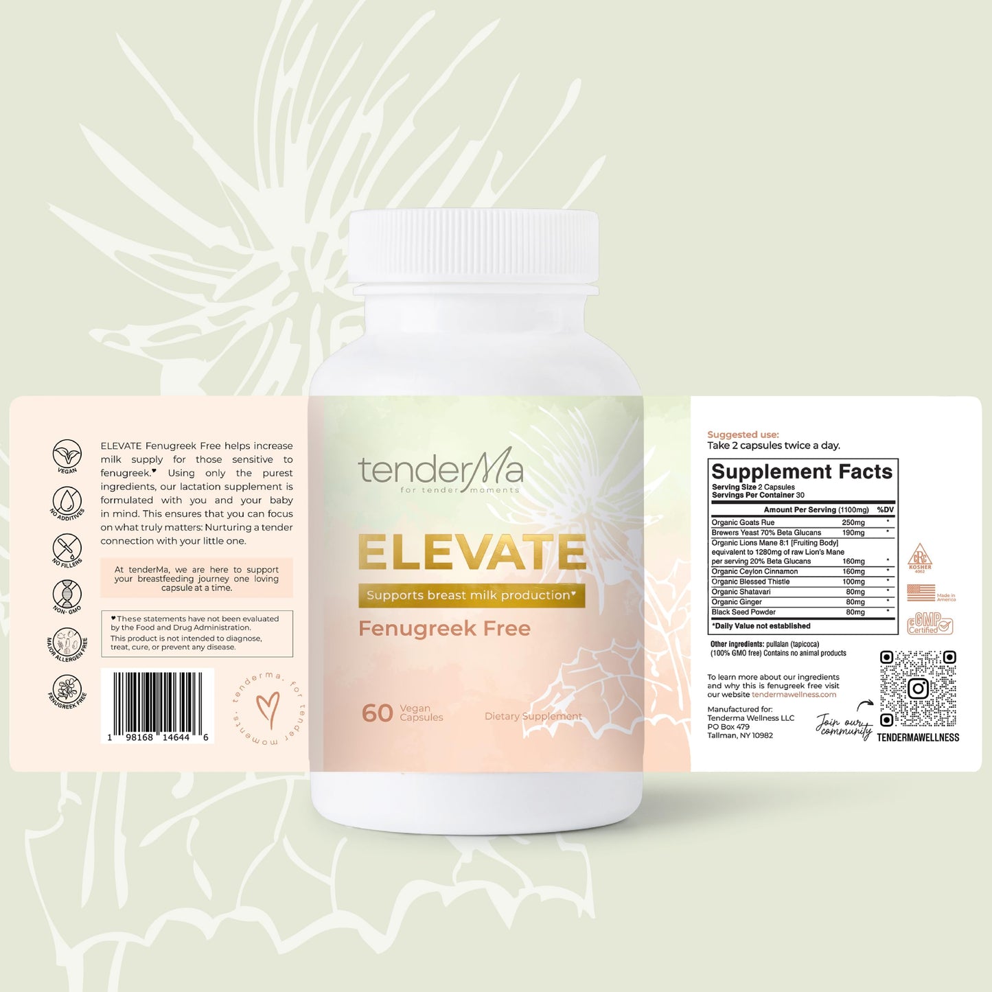 tenderMa Lactation Supplement Elevate Fenugreek-Free with Organic Goat’s Rue and Lion’s Mane, Blessed Thistle & Brewer’s Yeast, Vegan, Non-GMO, Herbal Breastfeeding Support, 60 Capsules