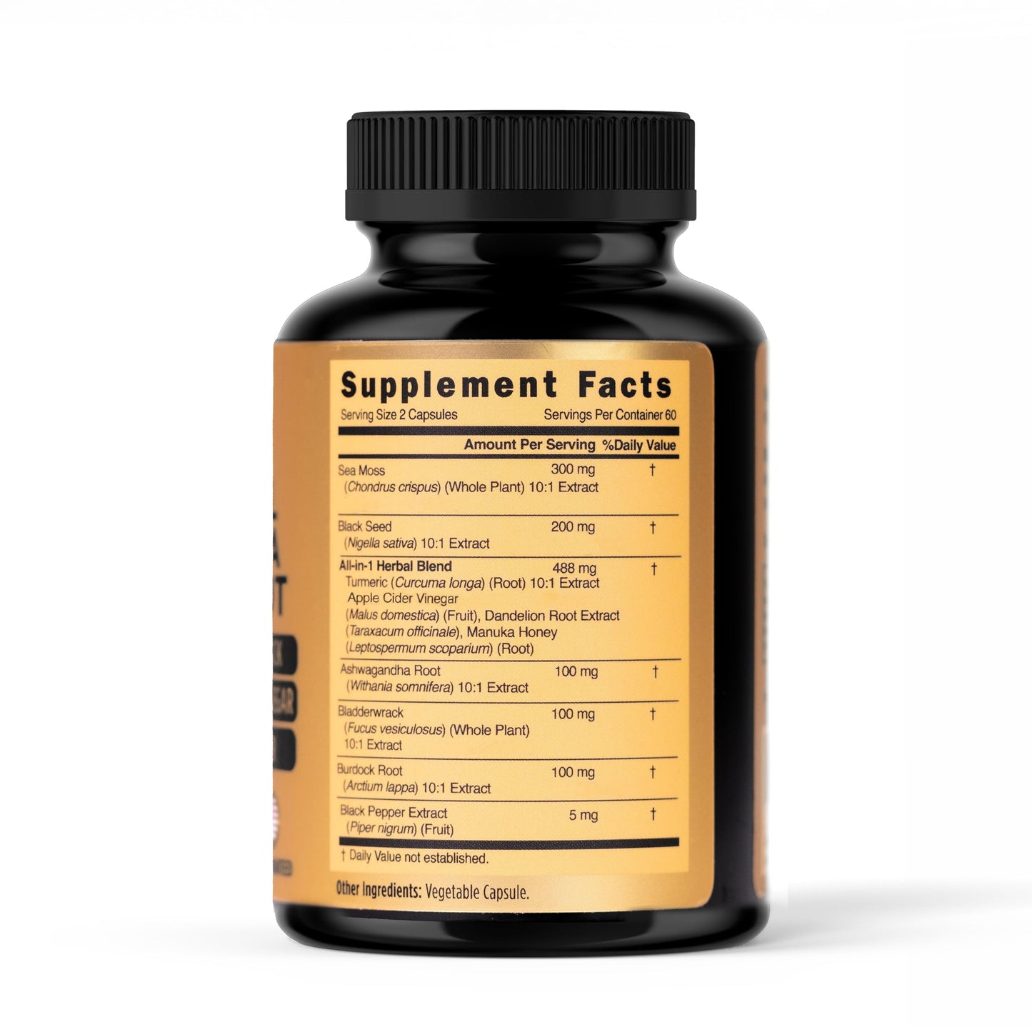 PRIME NATURAL Sea Moss 300mg, Black Seed Oil 200mg, Ashwagandha 100mg, Turmeric, Bladderwrack, Burdock, Manuka Honey, Dandelion, ACV 120 Capsules