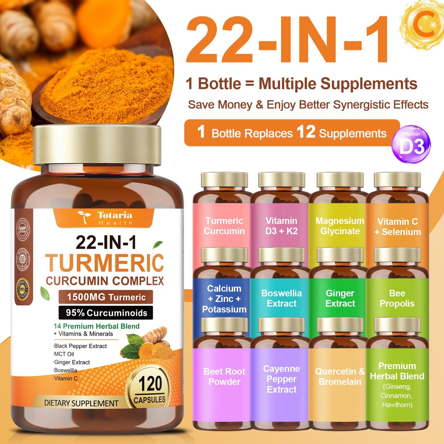 Totaria Turmeric Curcumin 2348mg - 95% Curcuminoids with Black Pepper, MCT Oil & Vitamin C, High Absorption Turmeric Curcumin Supplement for Antioxidant, Joint & Immune Support, 120 Capsules
