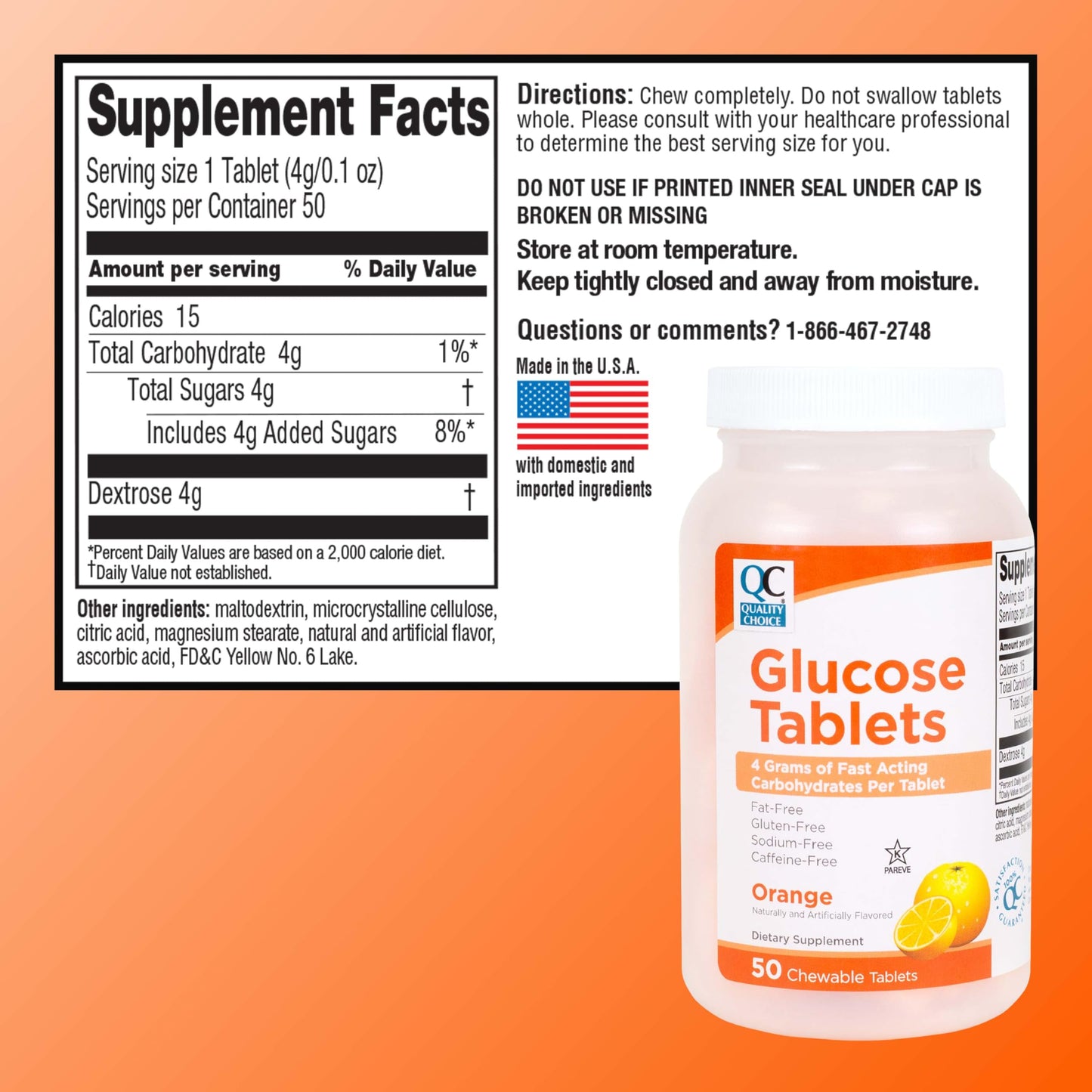 Quality Choice Glucose Tablets Fast Acting Orange Flavor, 50 Tablets