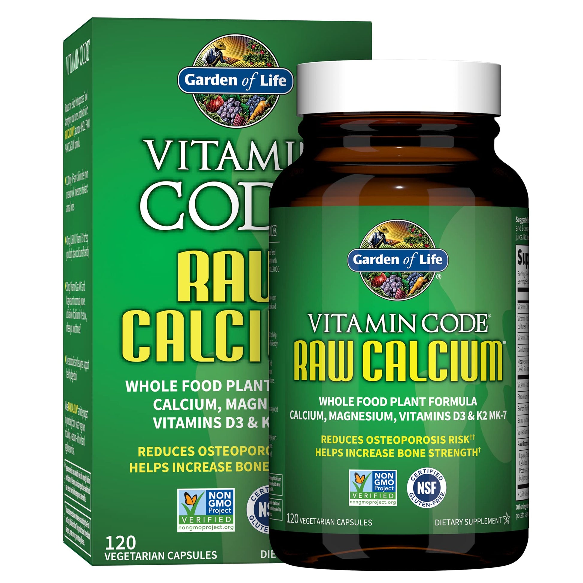 Garden of Life Raw Calcium Supplement for Women and Men - Vitamin Code Made from Whole Foods with Magnesium, K2, Vitamin D3 and Vitamin C plus Probiotics for Digestion, Capsule, 120 Count