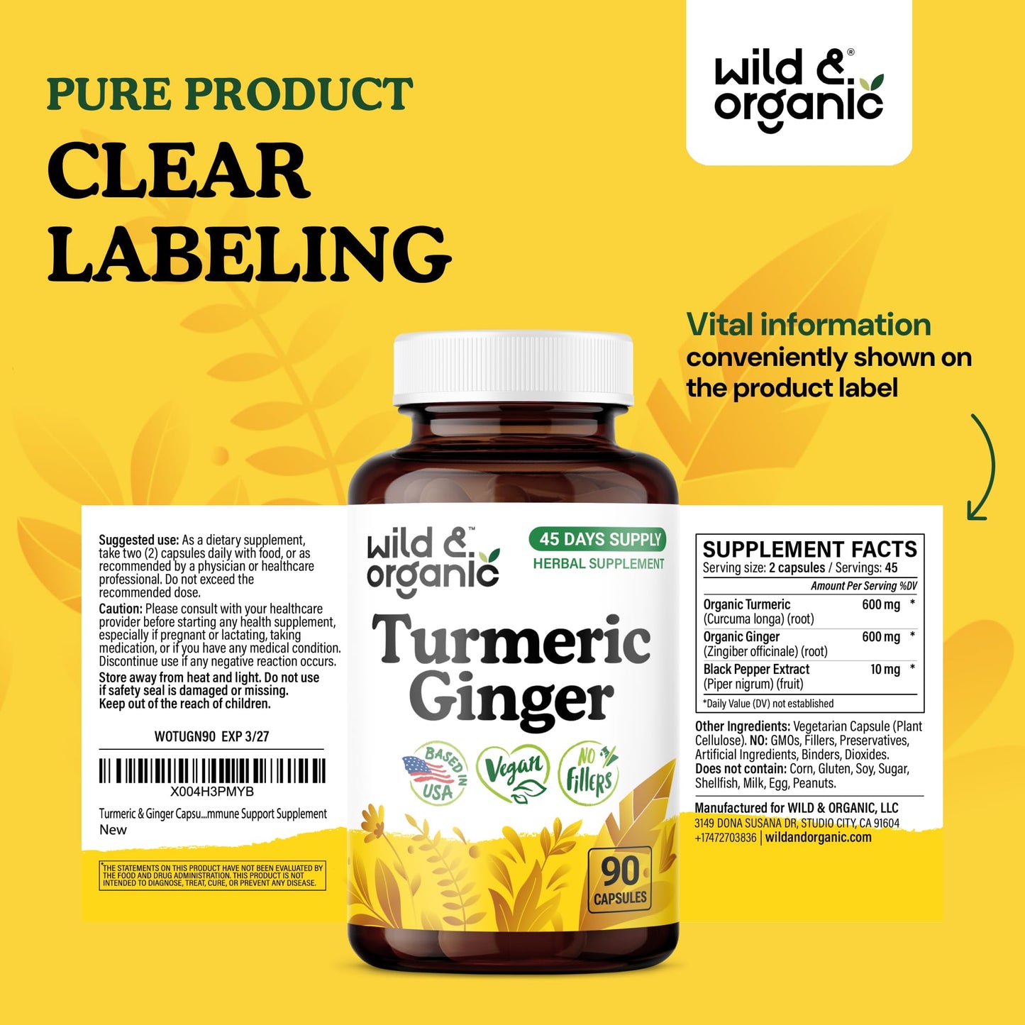 Wild & Organic Turmeric and Ginger Capsules 90 Count