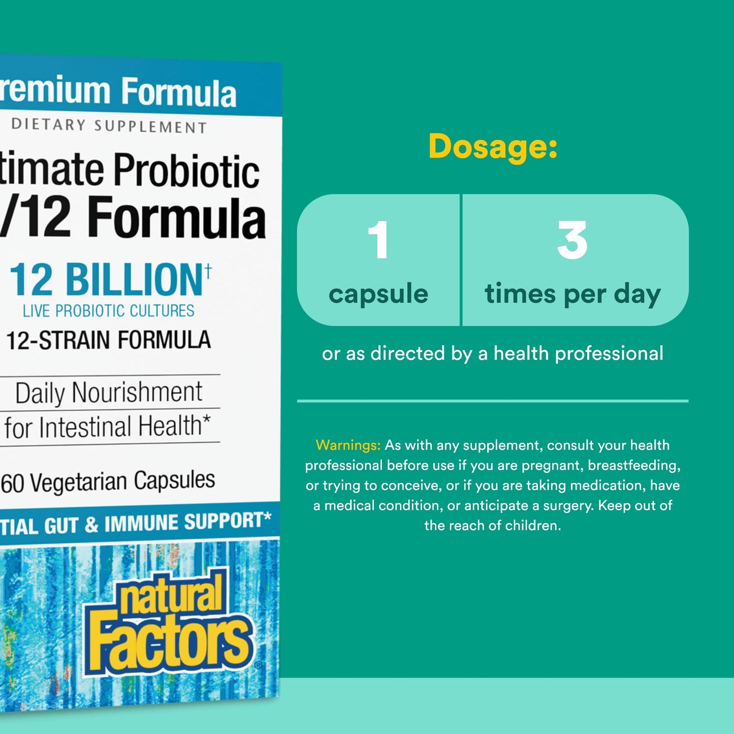 Natural Factors Ultimate Probiotic 12/12 Formula Digestive Health & Immune Support Probiotic Capsule 60 Count