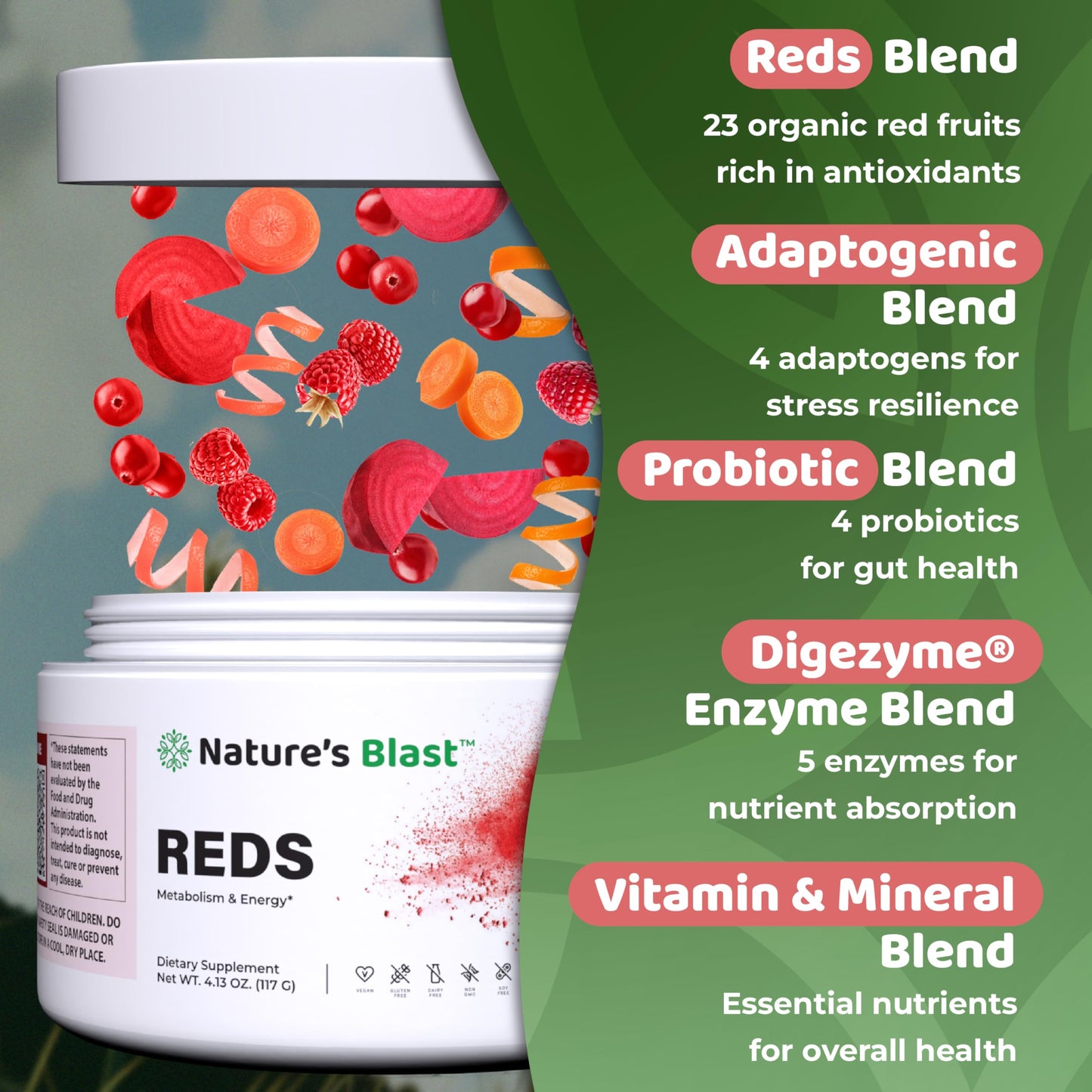 NATURES BLAST Reds Superfood for Metabolism and Energy with Probiotics Powder 4.13 oz