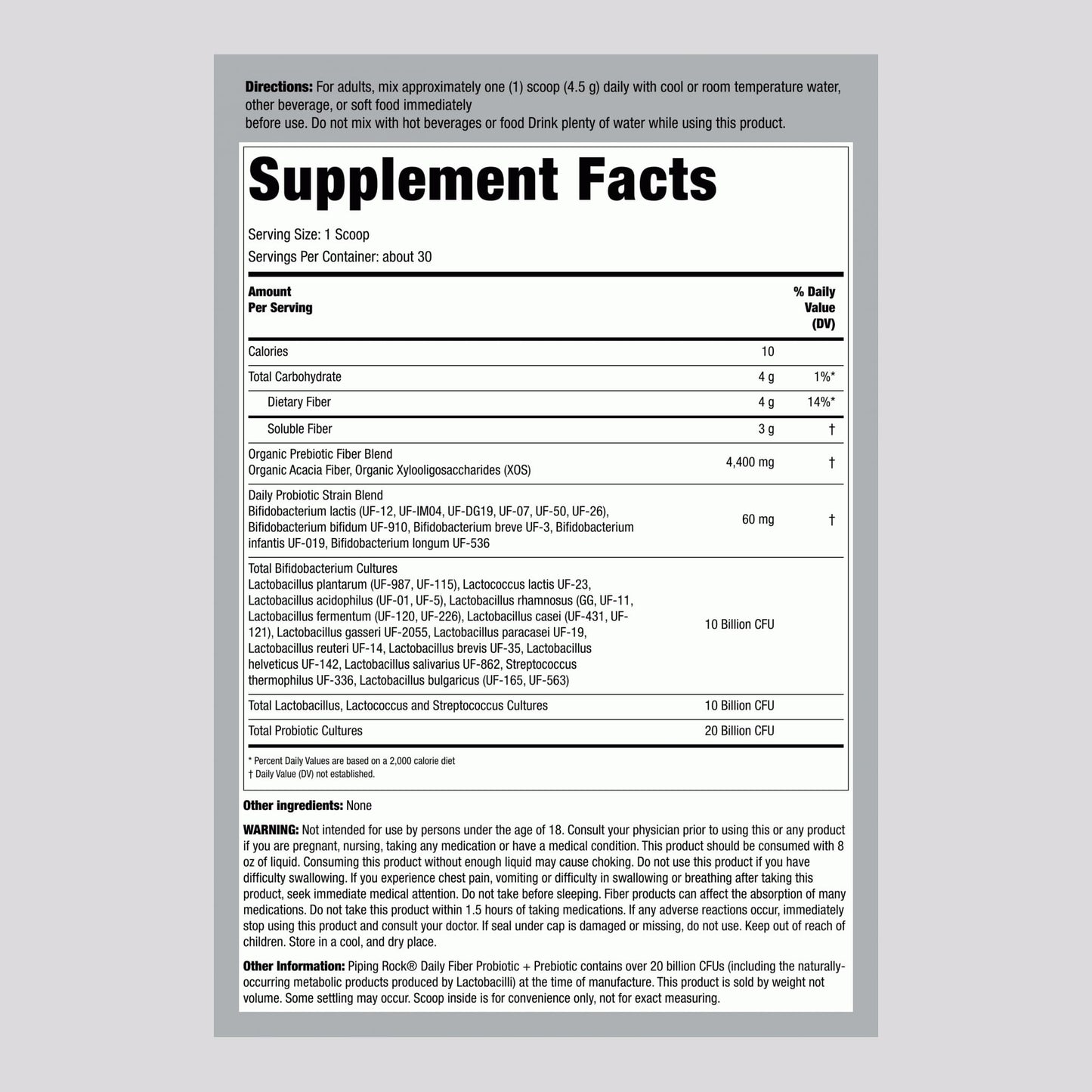 Piping Rock Probiotic and Prebiotic Powder (4.76 oz)