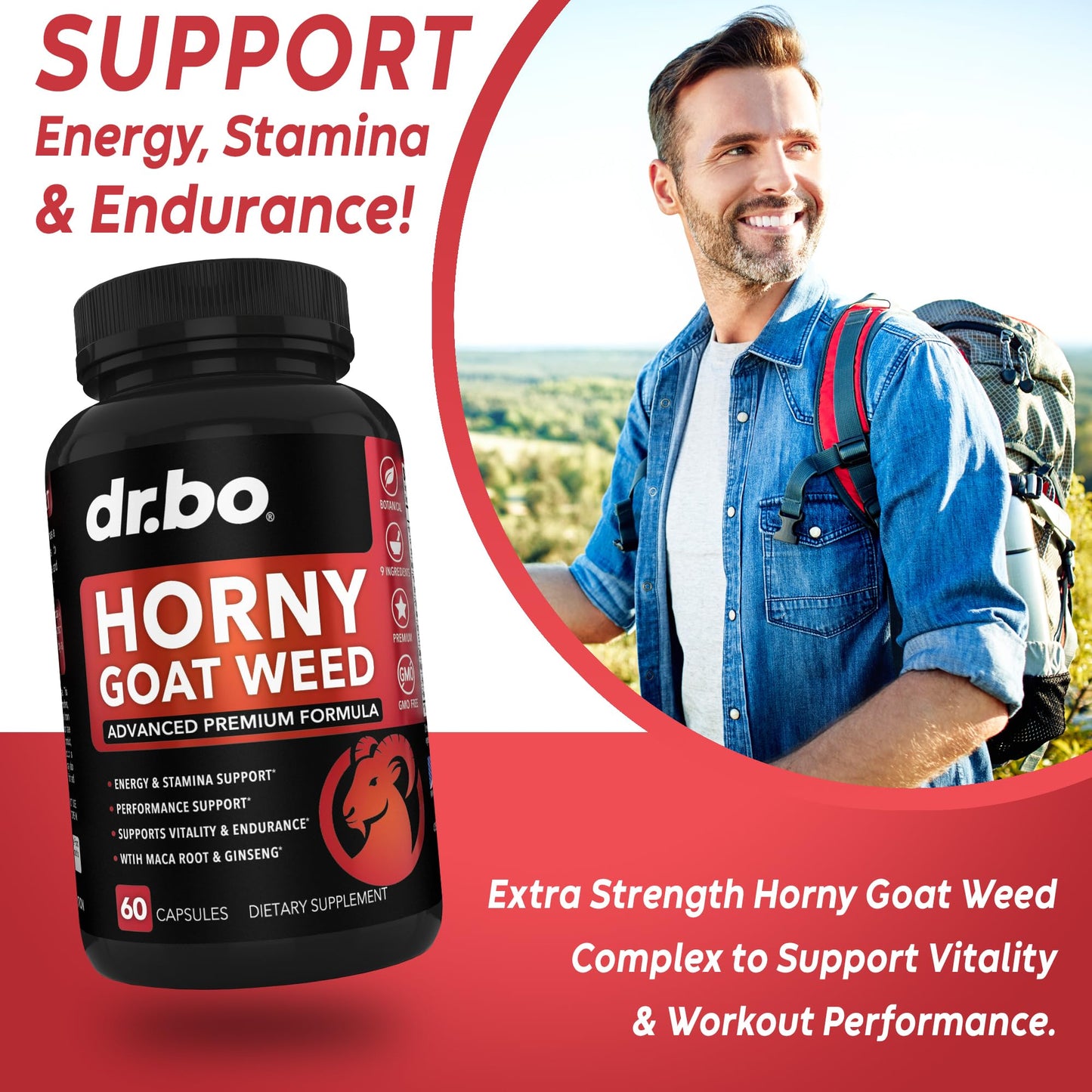 DR. BO Horny Goat Weed For Men and Women 1590mg Extra Max Male Enhancement, Stamina, Endurance, Performance - Maca Root, Tribulus, Muira Puama, L Arginine Ginseng 60 Capsules