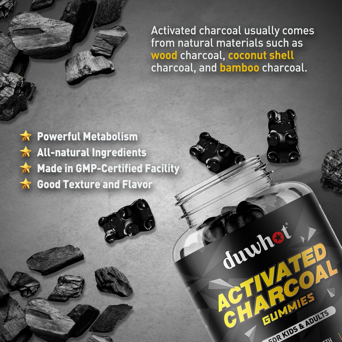 duwhot Activated Charcoal Gummies for Kids, 500mg, 60 Count