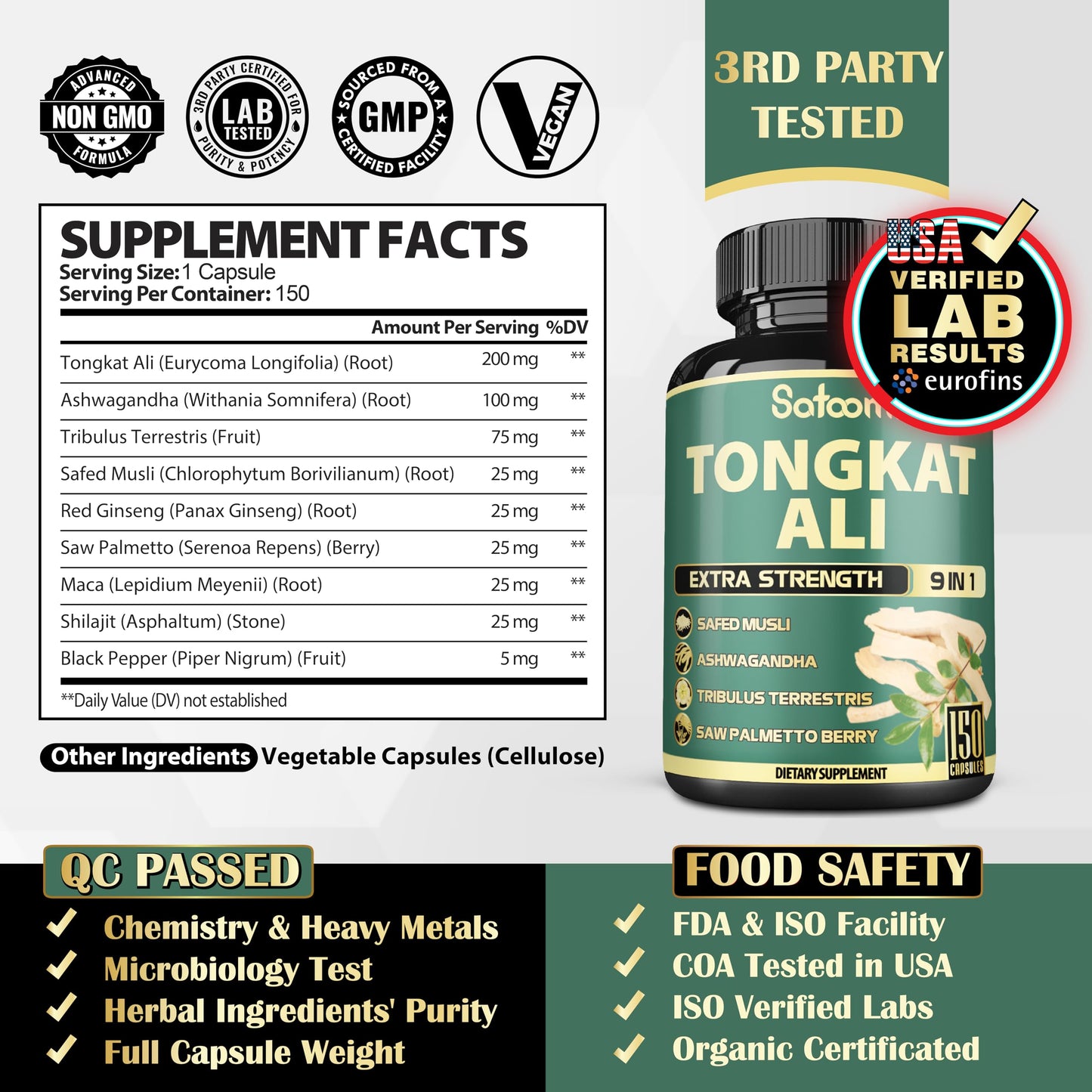 Satoomi 9in1 Tongkat Ali Root Extract 200:1 - Ashwagandha, Tribulus Terrestris, 150 Capsules