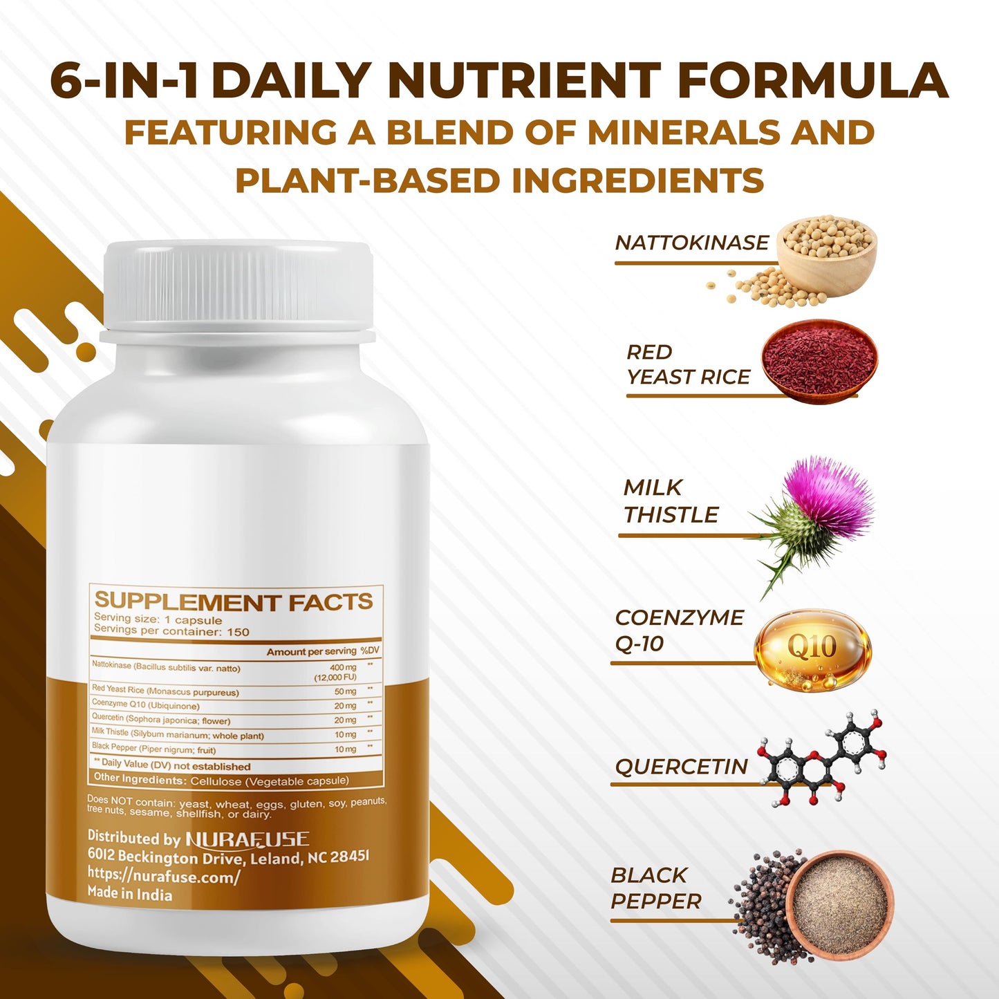 NURAFUSE Nattokinase 11-in-1 Formula with Red Yeast Rice CoQ10, Quercetin, Milk Thistle & Resveratrol, 150 Capsules
