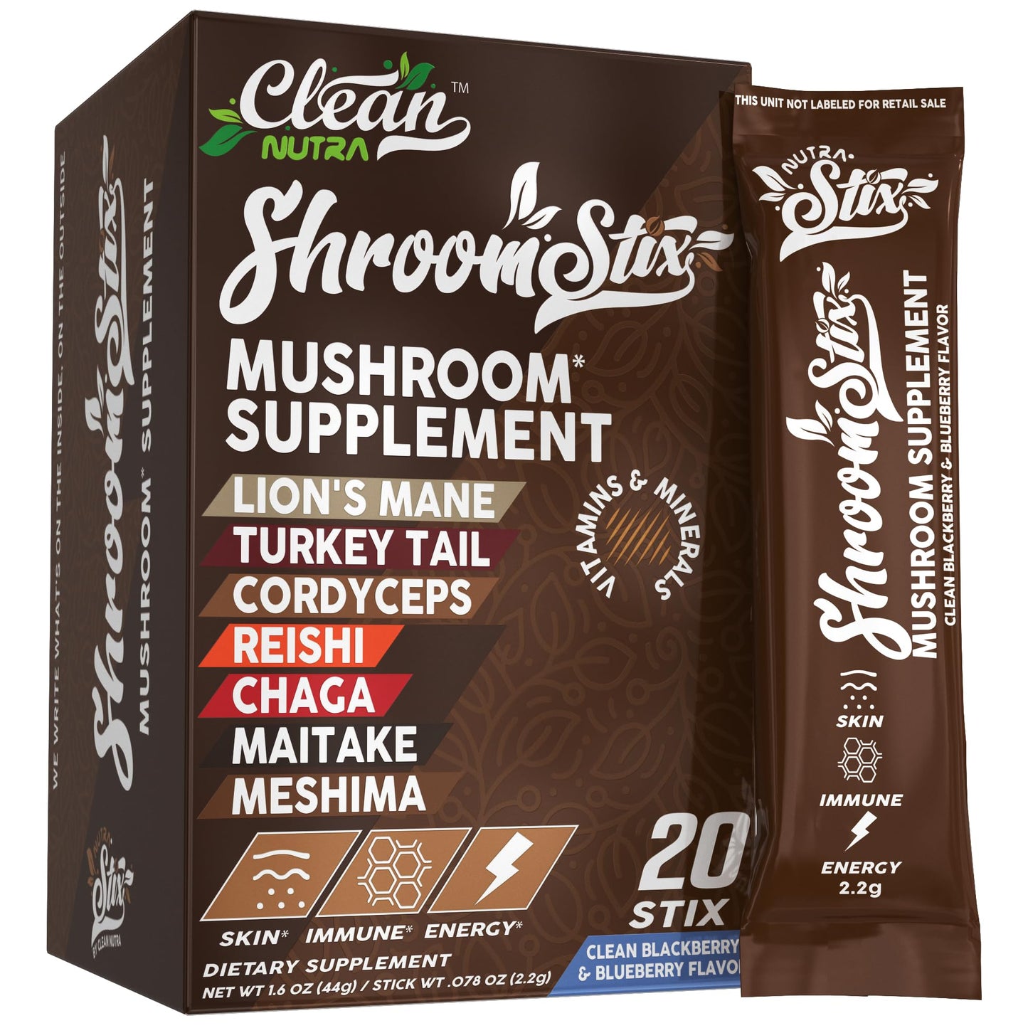 Clean Nutraceuticals Lions Mane Mushroom Supplement with Turkey Tail Reishi Cordyceps Chaga Maitake Meshima Poria Cocos Shiitake Oyster Porcini Enoki, 60 Capsules