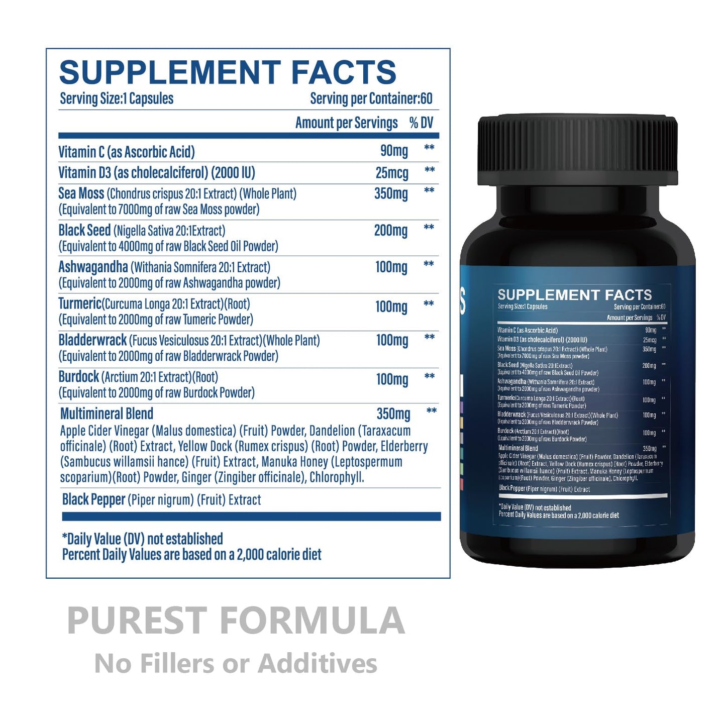 Meidlfesun Organic Sea Moss Capsules with Black Seed Oil & Ashwagandha, 60 Capsules