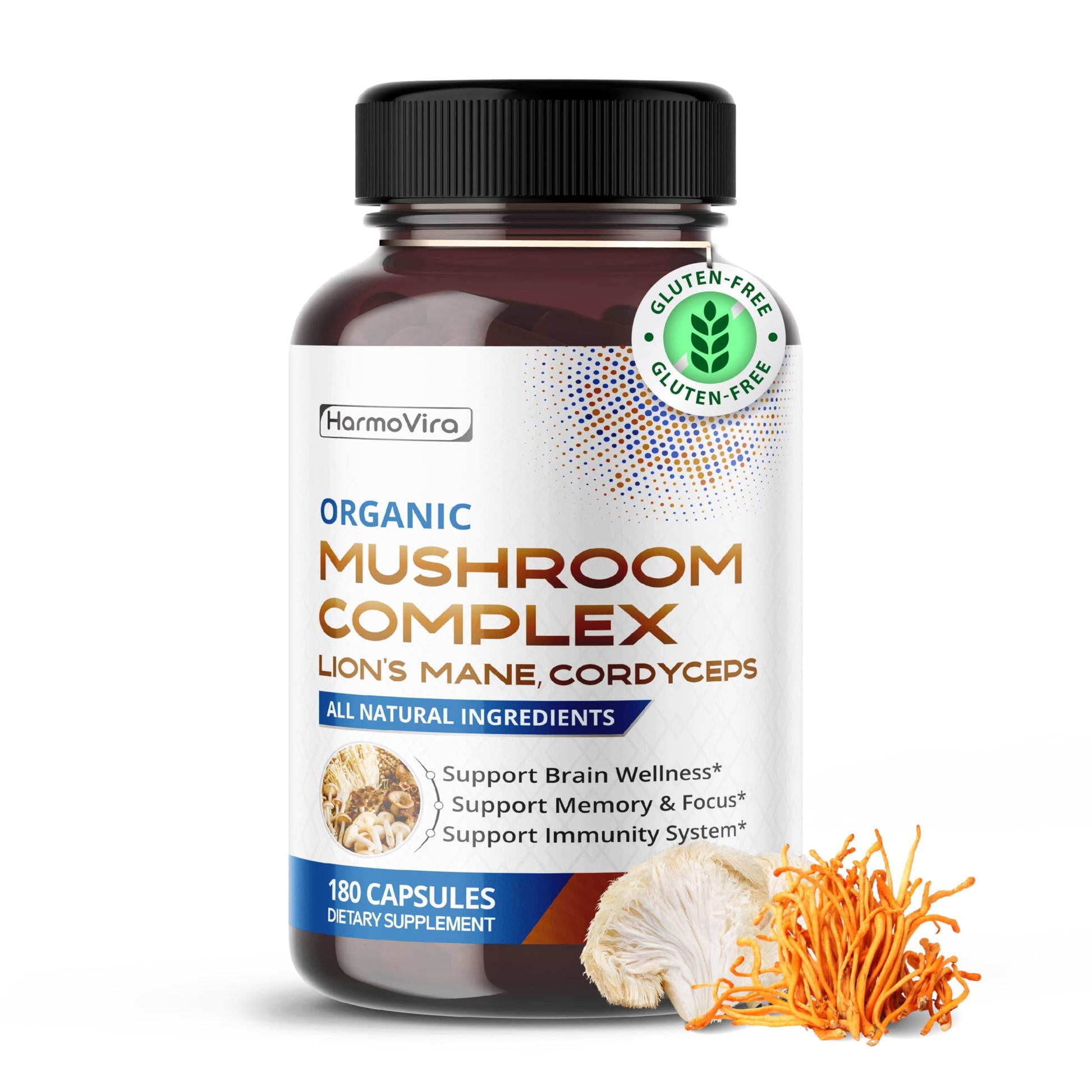 HarmoVira Organic Mushroom Complex with Lion's Mane, Cordyceps & Turkey Tail – Brain, Memory & Immune Support – Capsules, 150 Count