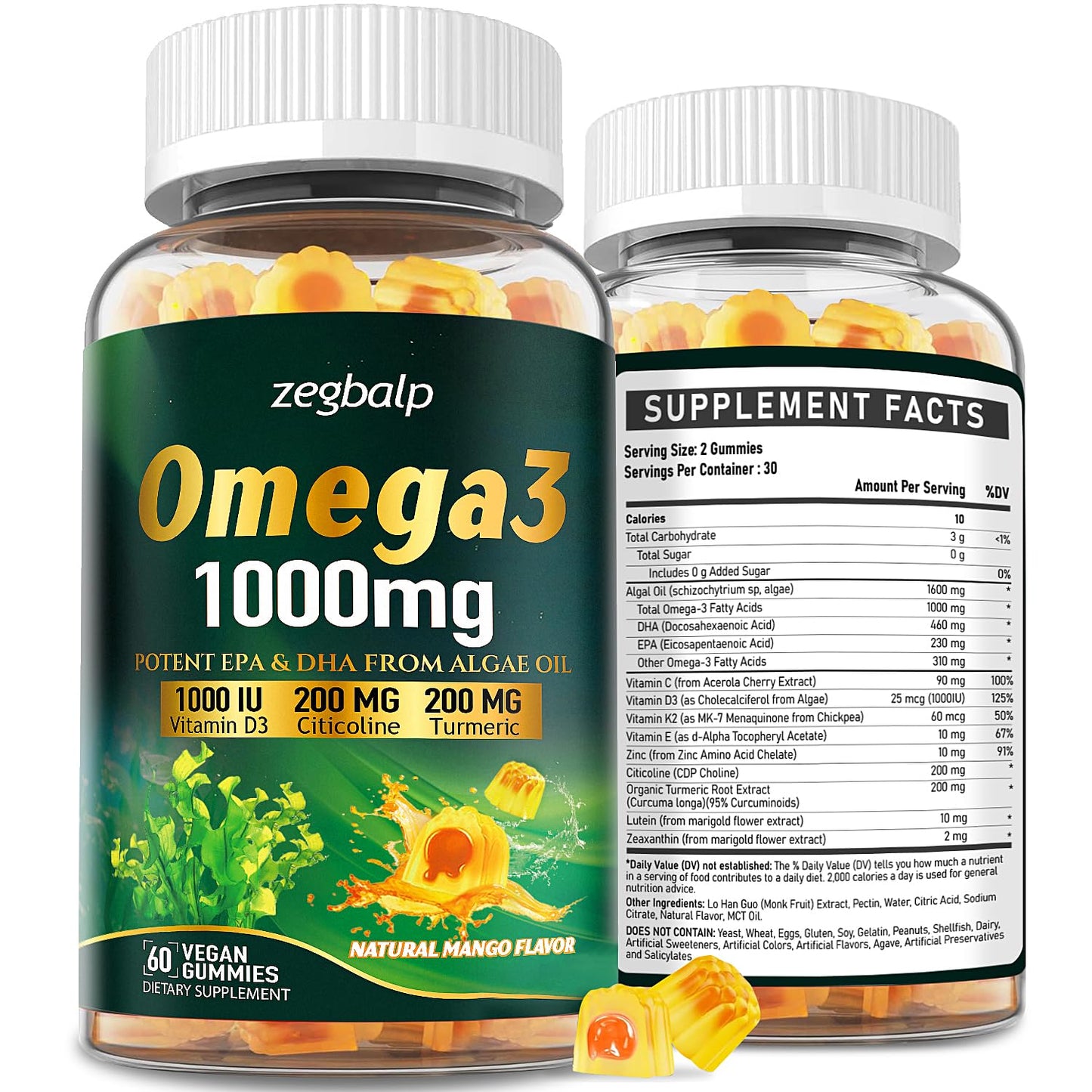 ZEGBALP Omega-3 Gummies - Vegan Algae Oil DHA & EPA, Turmeric, Vitamin D3, K2 & Citicoline, Sugar-Free, 120 Gummies
