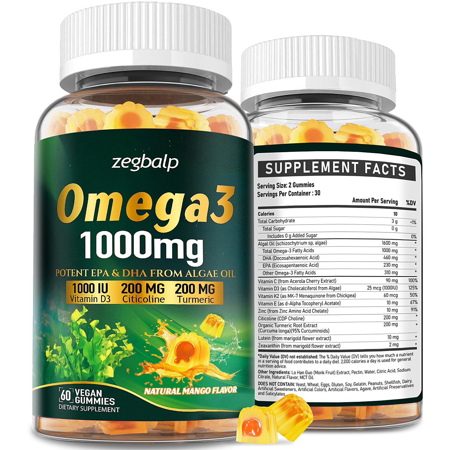 ZEGBALP Omega-3 Gummies - Vegan Algae Oil DHA & EPA, Turmeric, Vitamin D3, K2 & Citicoline, Sugar-Free, 120 Gummies