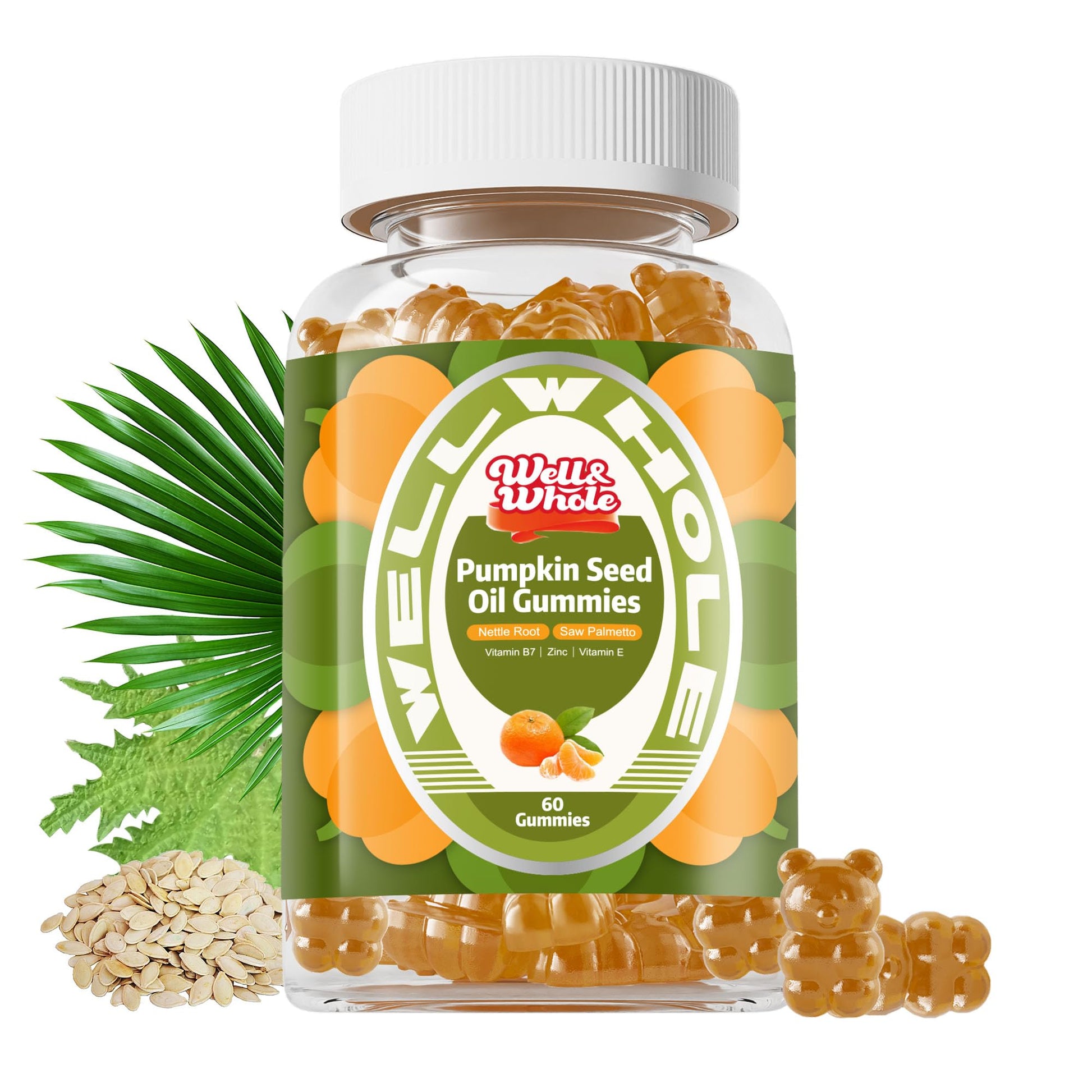Well&Whole Pumpkin Seed Oil Gummies with Saw Palmetto for Hair Growth, for Men and Women, Vegan, Sugar-Free, 60 Count