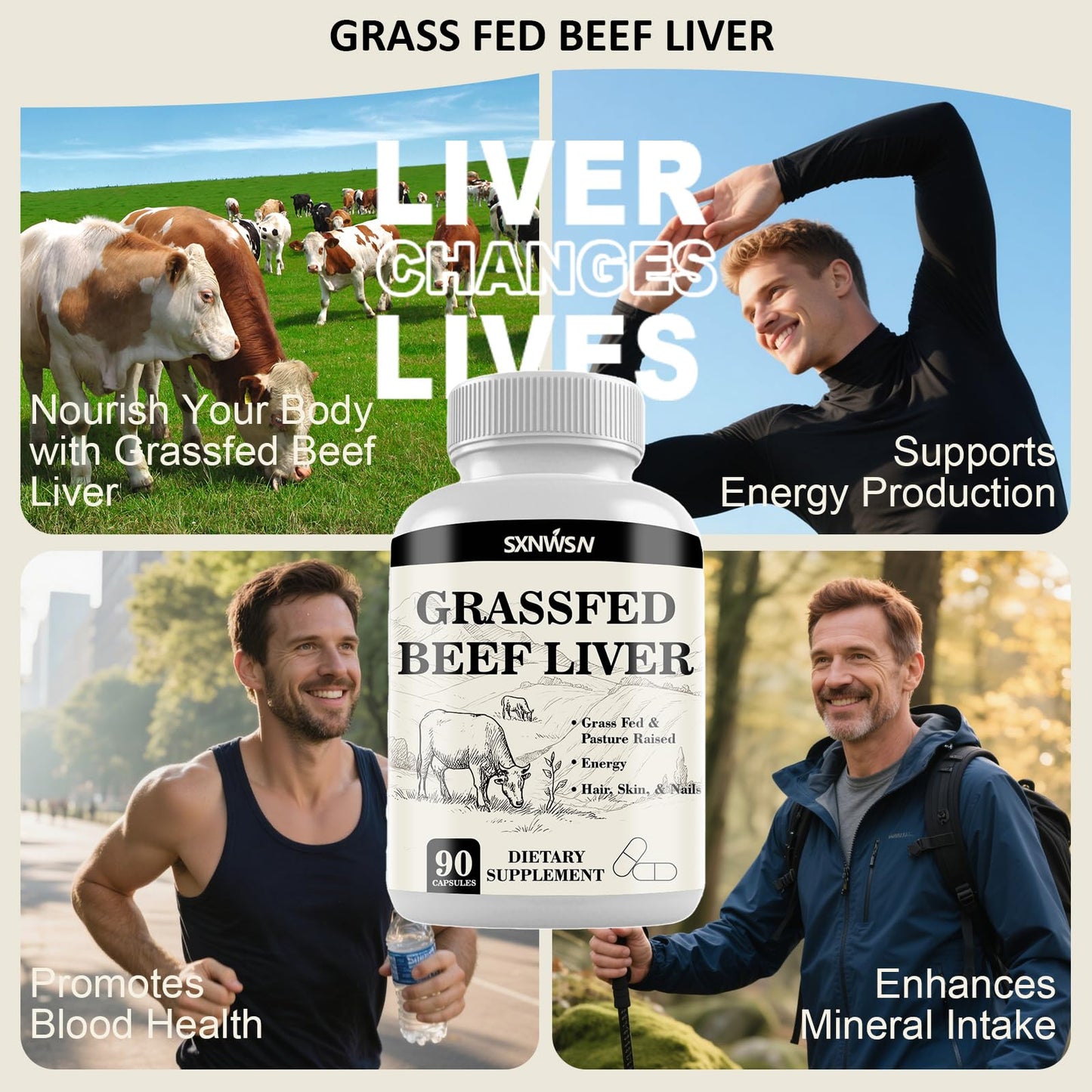 SXNWSN Grass Fed Beef Liver Capsules, 90 Count