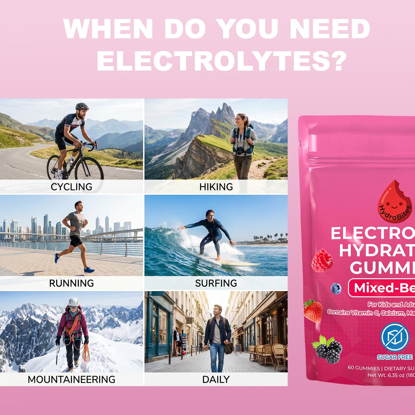 HydroBites Sugar Free Electrolyte Gummies, Mixed Berry, Vegan, 60 Count