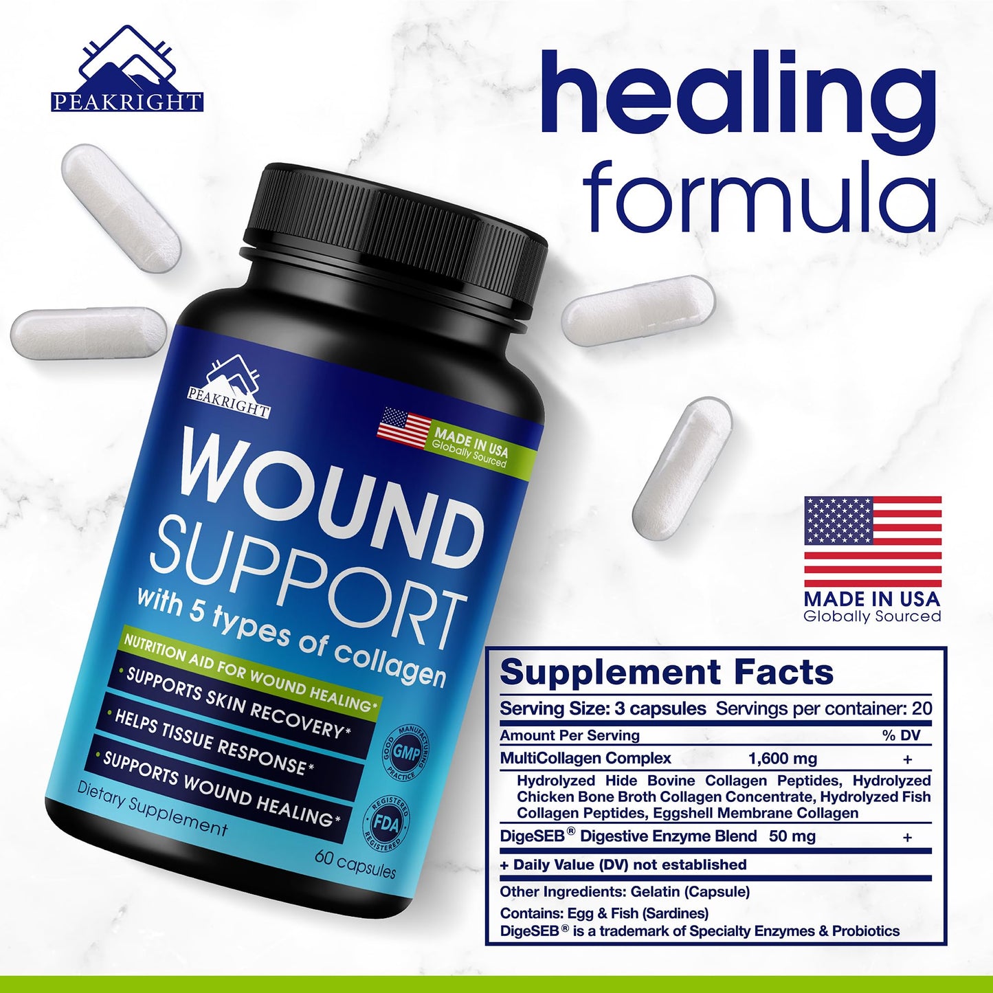 Peakright Wound Healing Supplement Collagen Complex with Enzymes for Wound Support, Pre & Post Surgery Recovery - Capsules, 60 Count