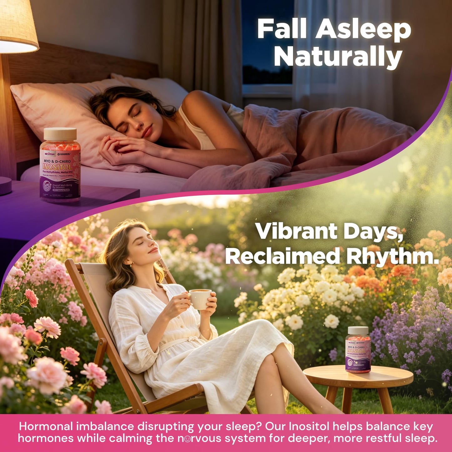 Nextdia Women Sleep Gummies Myo-Inositol & D-Chiro Inositol + Saffron, MTHF Folate, Vitamin B6 & B12, 40:1 Ratio Myo-Inositol Supplement for Hormone Balance, Mood, PCOS & Ovarian, Sugar Free, 60 Gummies