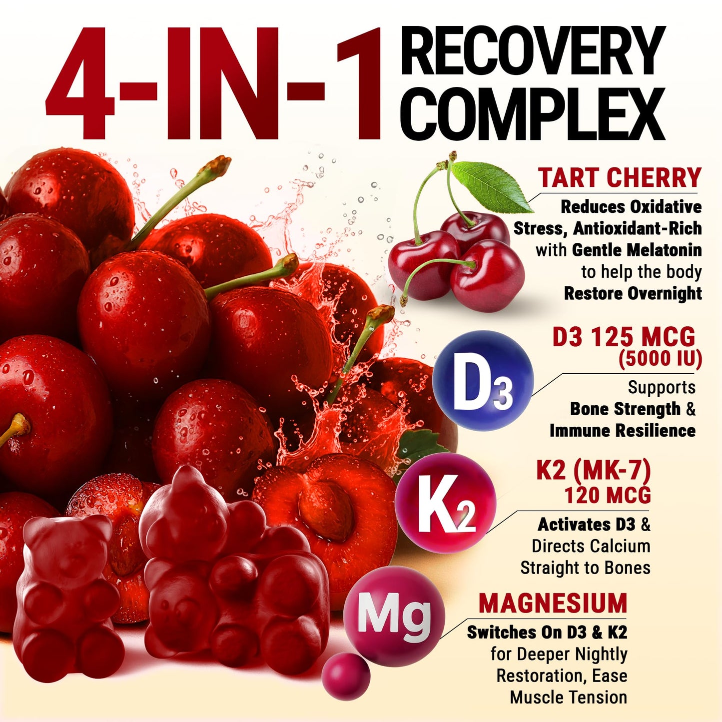 KEY ELEMENTS Recovery Tart Cherry Gummies with Vitamin D3 K2 5000 IU & Magnesium, 60 Gummies