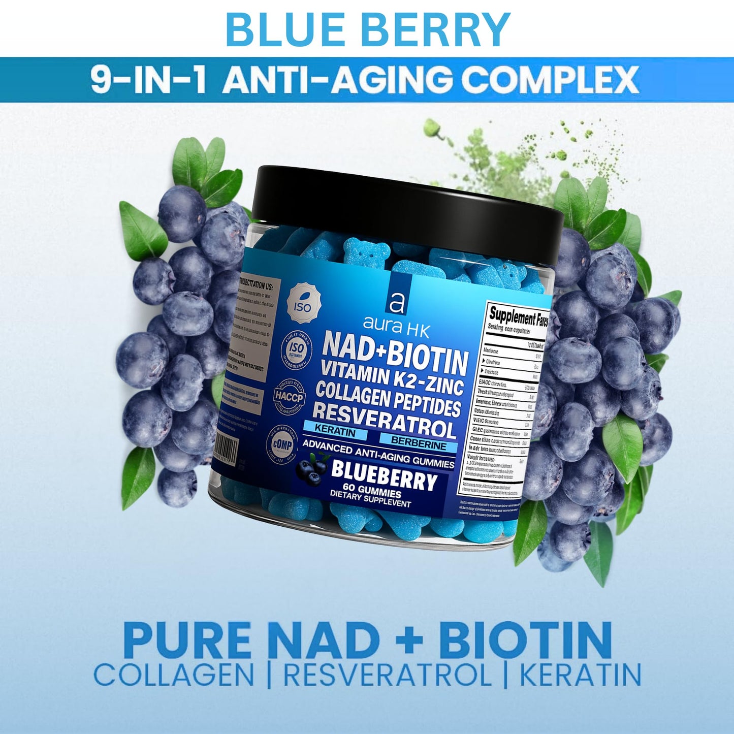 Aura HK NAD+ Biotin, Resveratrol, Berberine & Anti-Aging Gummies, Hair, Skin, Nails & Joint Support, Collagen Peptides, Keratin, Zinc, Vitamin K2 & D3, Regeneration (Blueberry), 120 Gummies