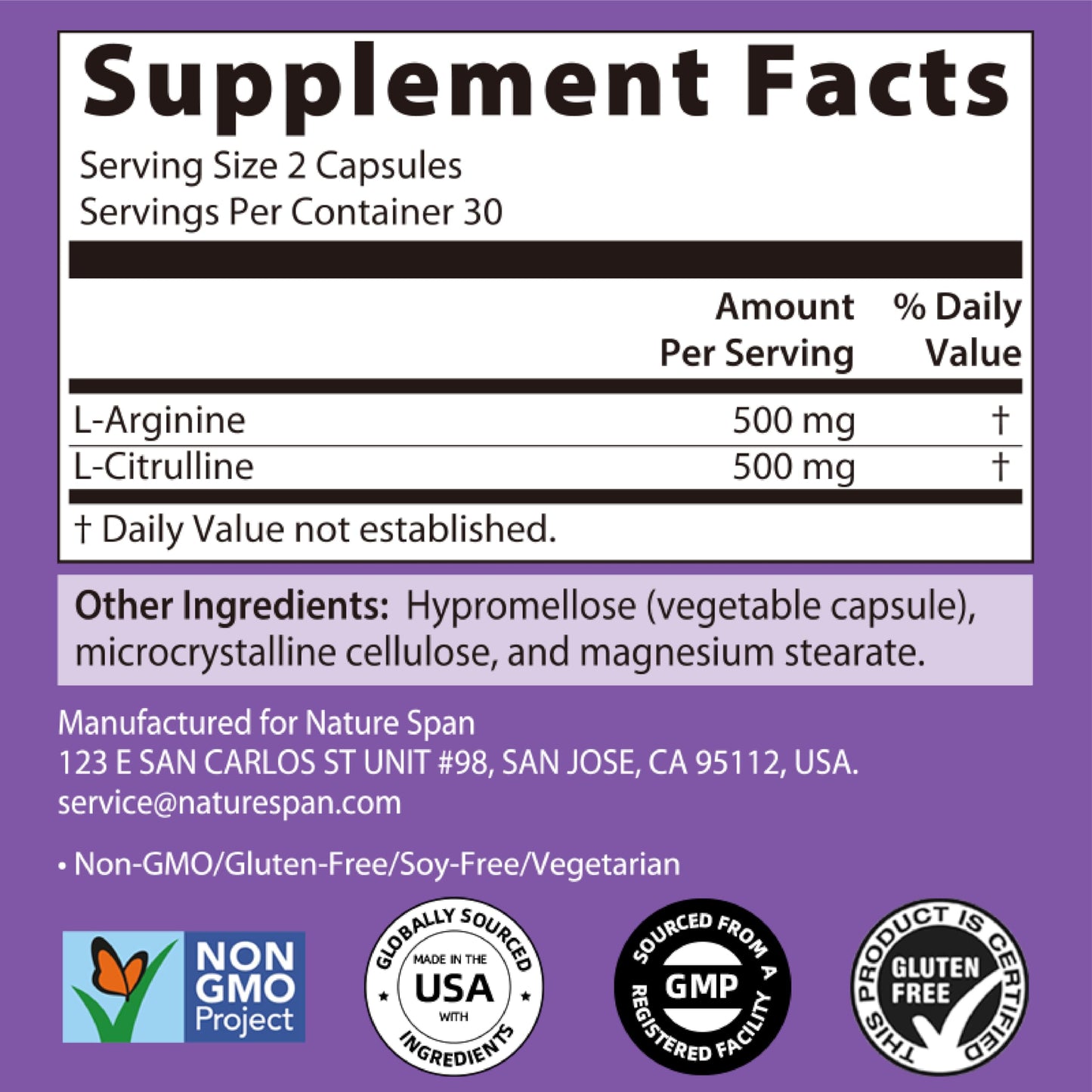 NATURESPAN L-Arginine + L-Citrulline, Eggplant Care, 60 Capsules