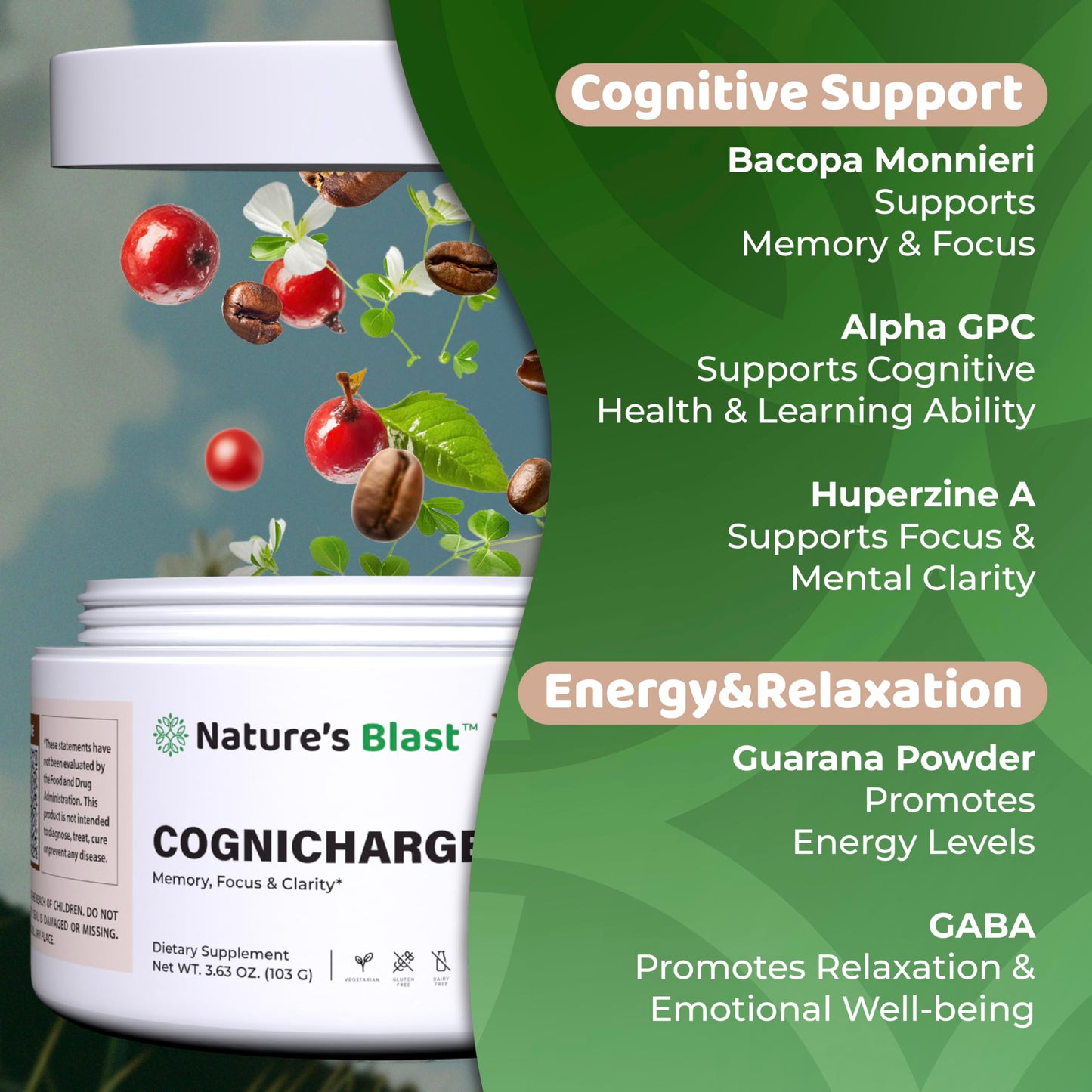 NATURES BLAST CogniCharge Brain Supplement Powder 3.63 Ounce