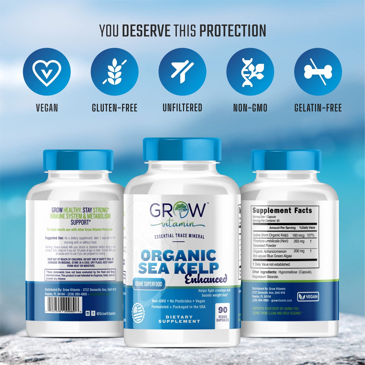 Grow Vitamin Organic Sea Kelp (Icelandic) Enhanced Thyroid Support Iodine Supplement with Blue-Green Algae & Red Algae, Immune System & Metabolism Support, 90 Capsules