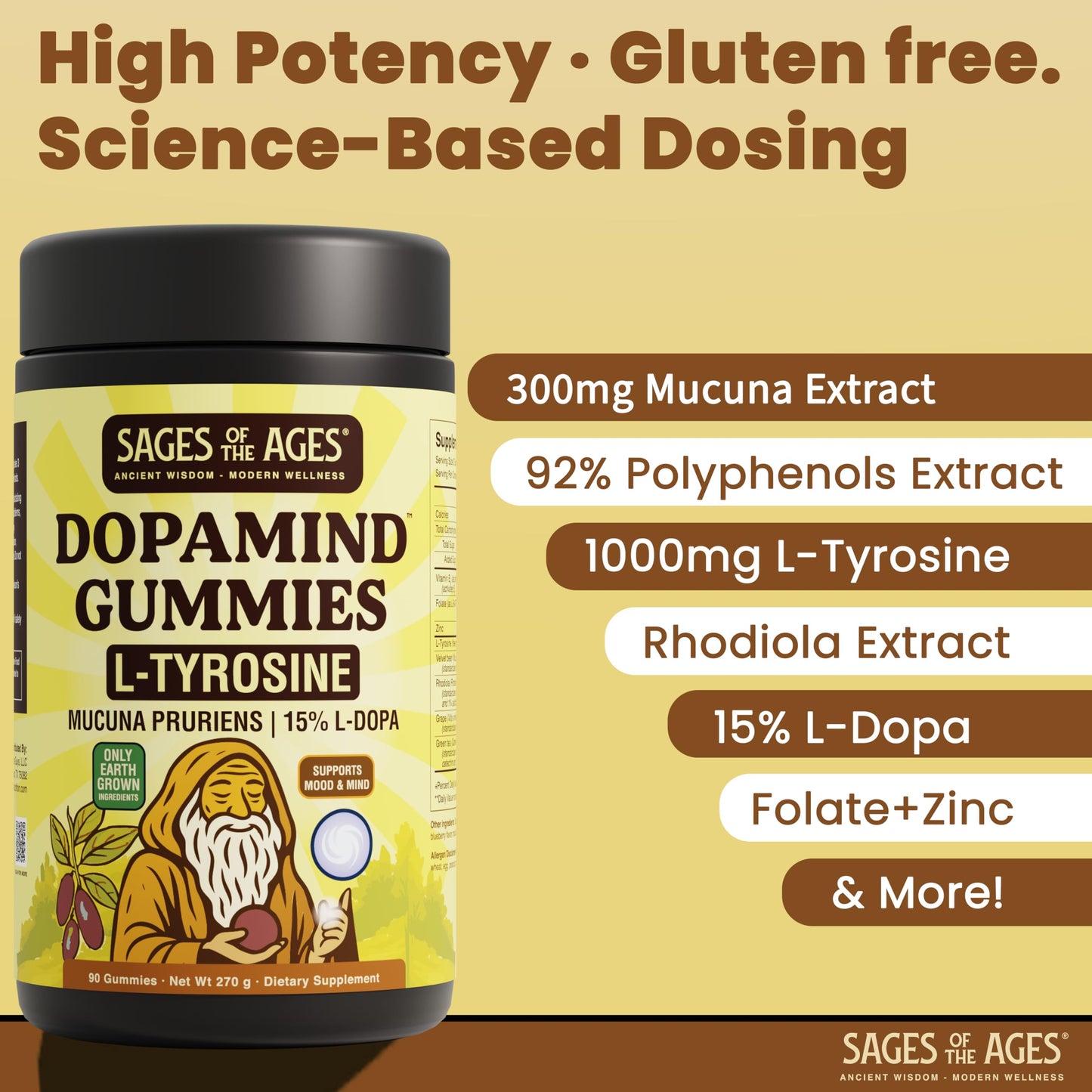 Sages Of The Ages L-Tyrosine Gummies 1000mg – Amino Acid Supplement with Mucuna Pruriens, B Vitamins & Rhodiola – Blueberry Flavor, 90 Gummies