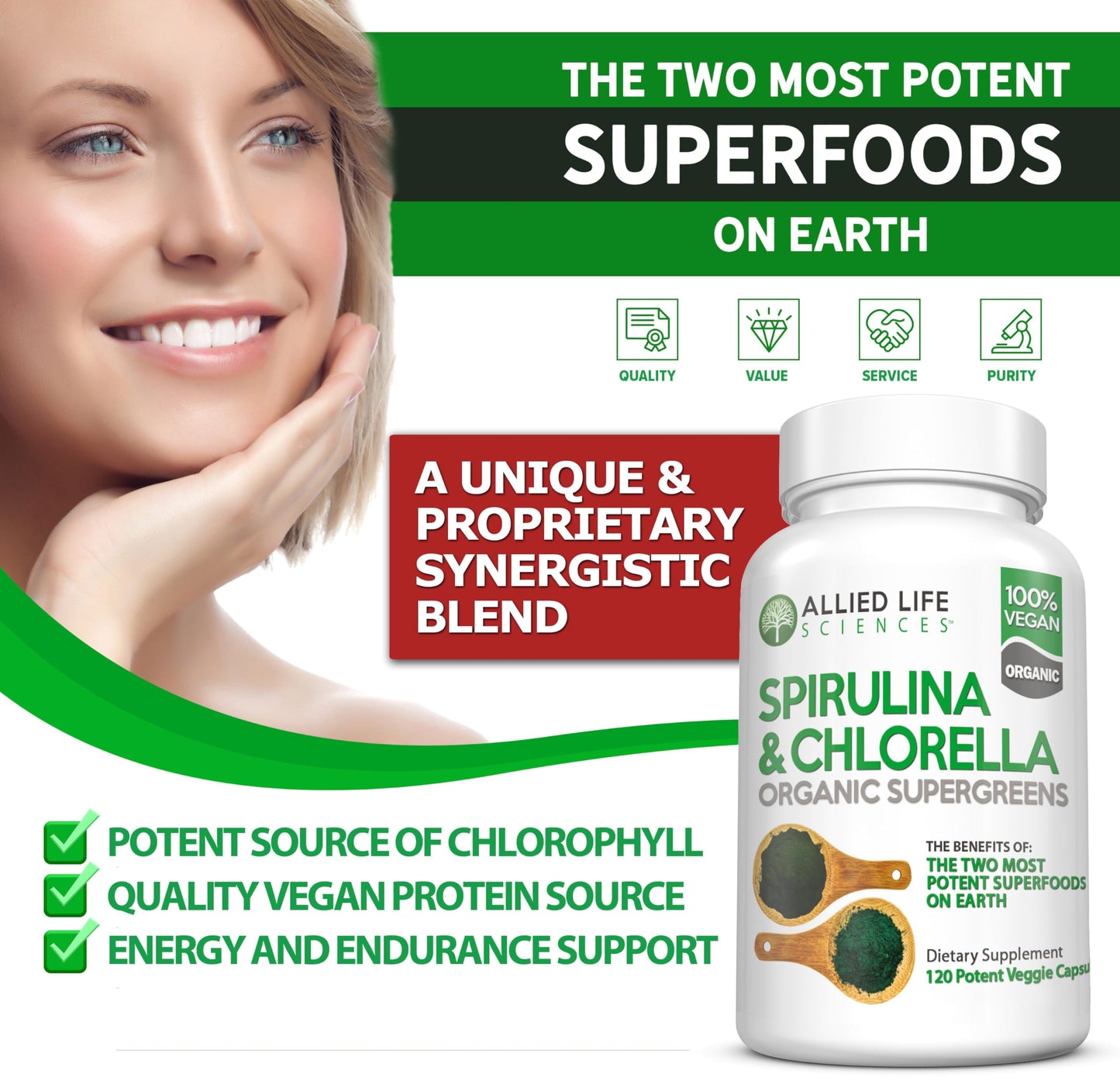 Allied Life Sciences Spirulina and Chlorella Organic Chlorophyll Vegan Protein Powder Green Superfood, 3-Pack