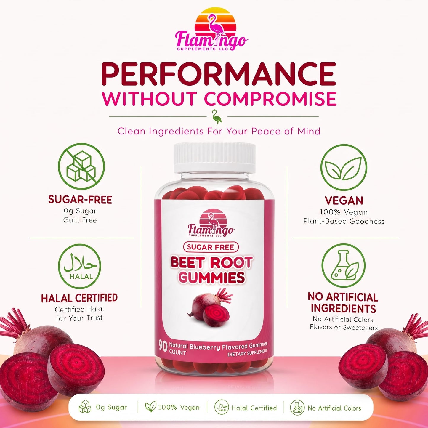 Flamingo Supplements Sugar Free Nitric Oxide Beet Root Gummies 90 Count
