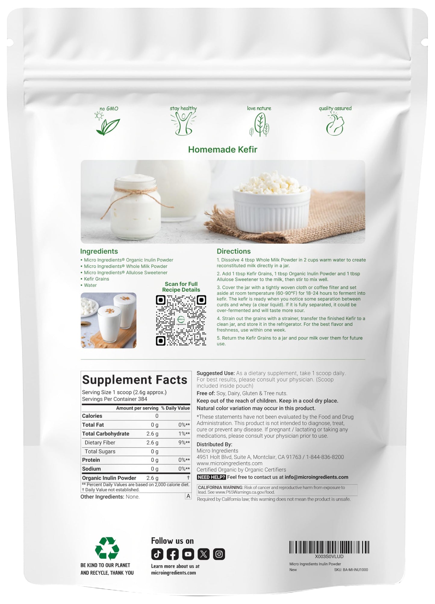 Micro Ingredients Organic Inulin FOS Fiber Powder 35.2 oz